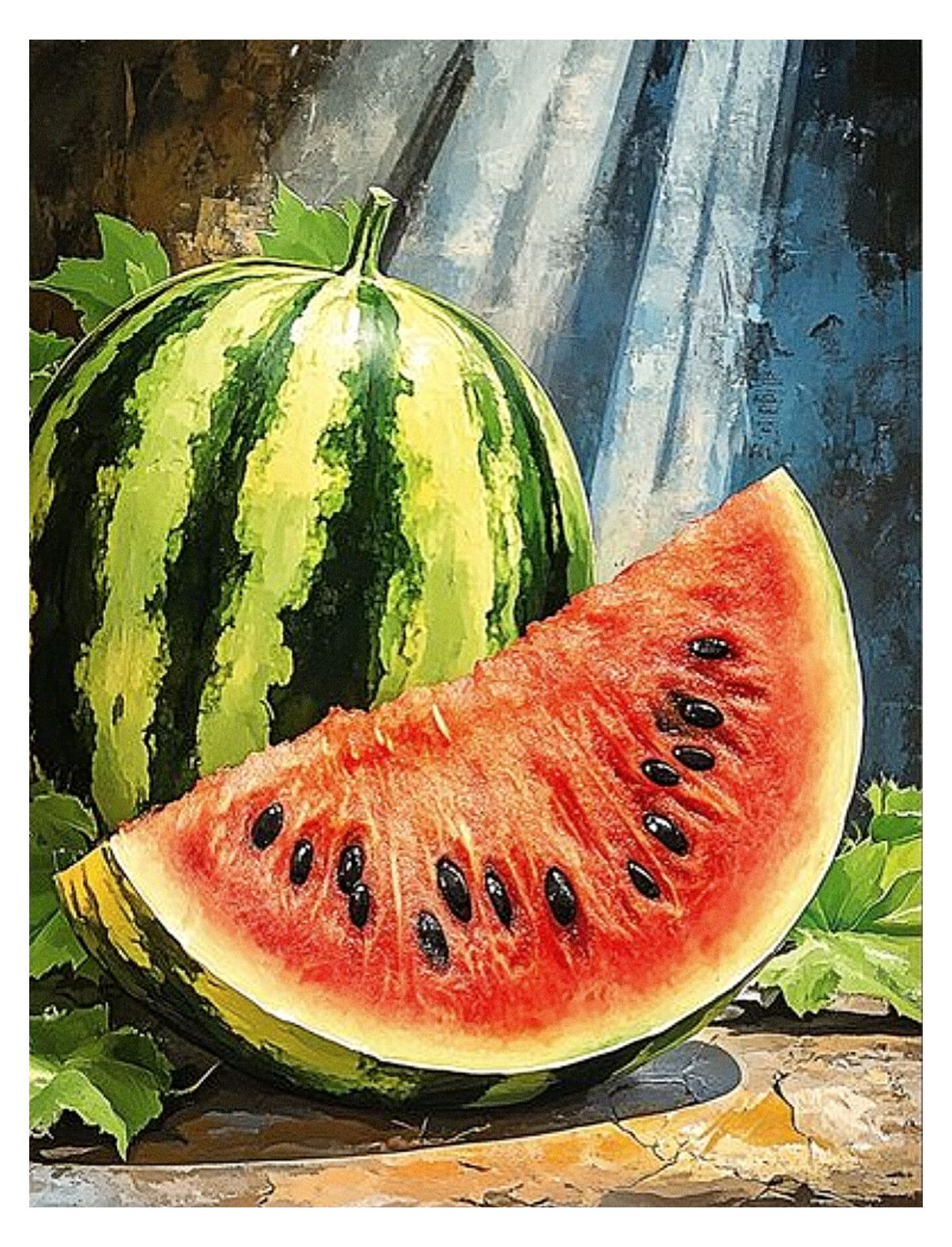 easy-oil-painting-of-a-whole-watermelon-and-a-slice-of-watermelon