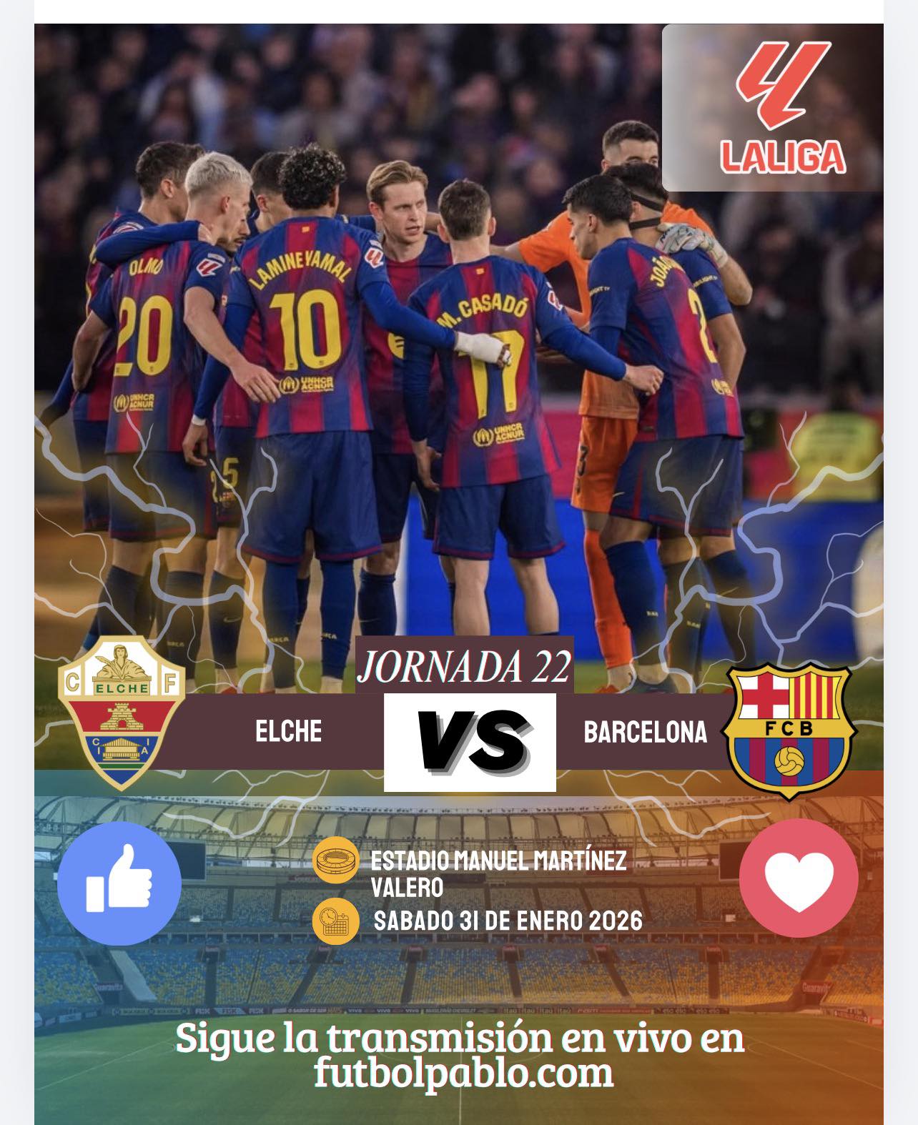 Fútbol.pablo.com - Jornada 22 / LaLiga 🏆 👍🏻Elche 🆚 Barcelona ️ 🗓 Sabado ...