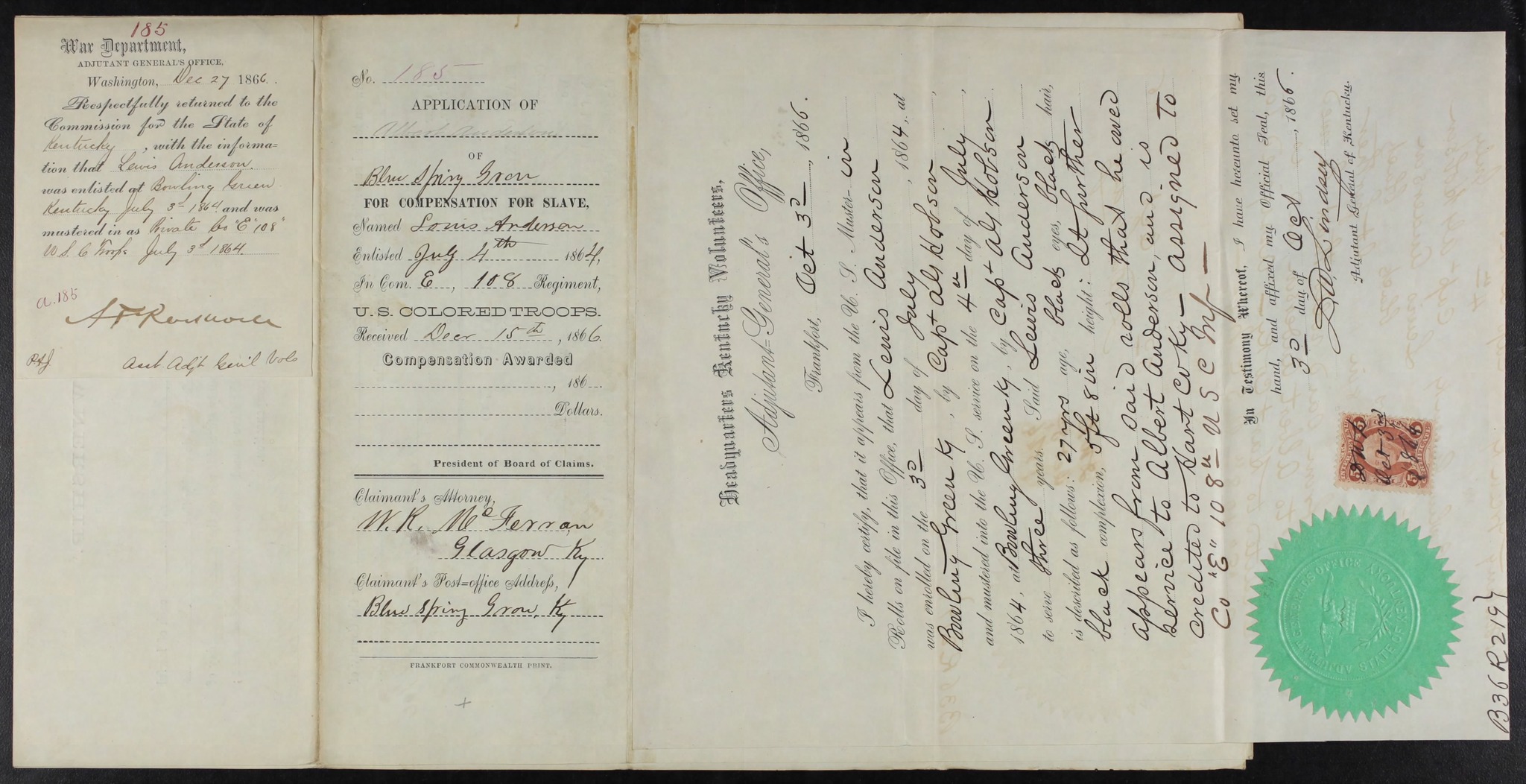 Example of slave claim and compensation paperwork for USCT private
