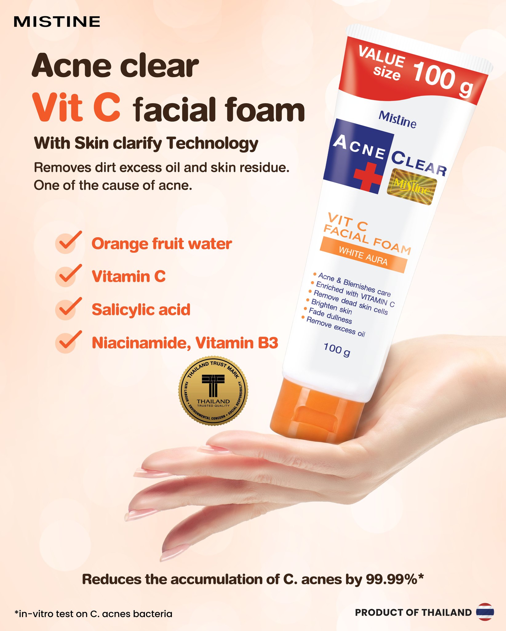 Clear acne. Brighten your skin. 🍊✨ MISTINE Acne Clear Vit C Facial Foam 100g Powered with Vitamin C, Niacinamide (Vitamin B3) and Salicylic Acid to help cleanse pores and control excess oil