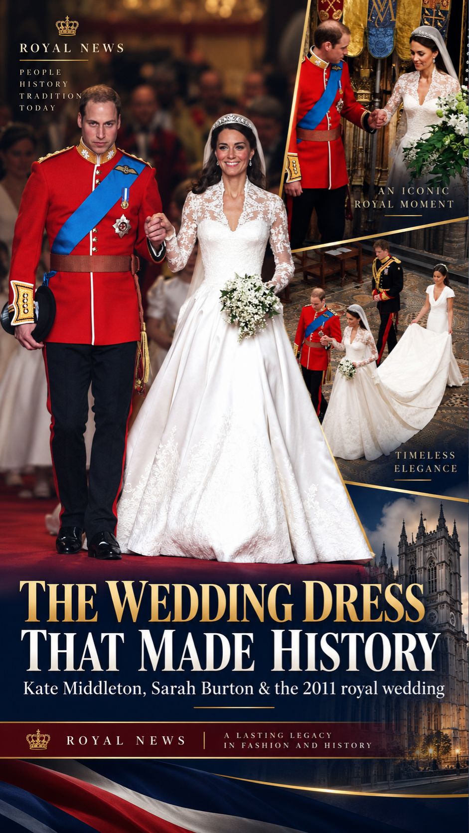 Princess Kate's 2011 wedding dress remains one of the most recognizable royal bridal looks of the modern era. Designed by Sarah Burton for Alexander McQueen, the lace gown became an enduring part