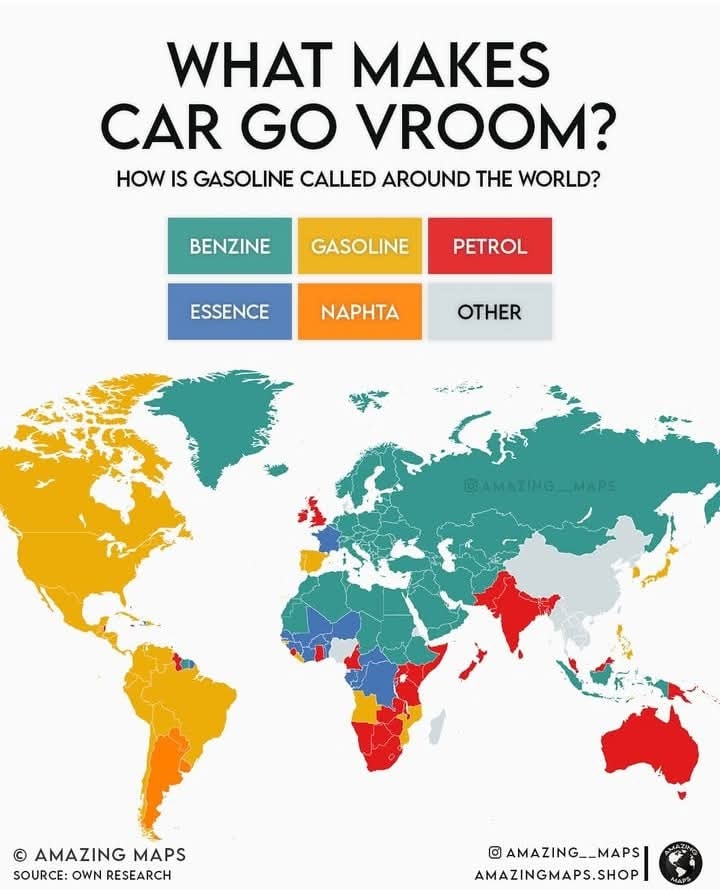 Gasoline vs Petrol: Map Showing The Name Around the World