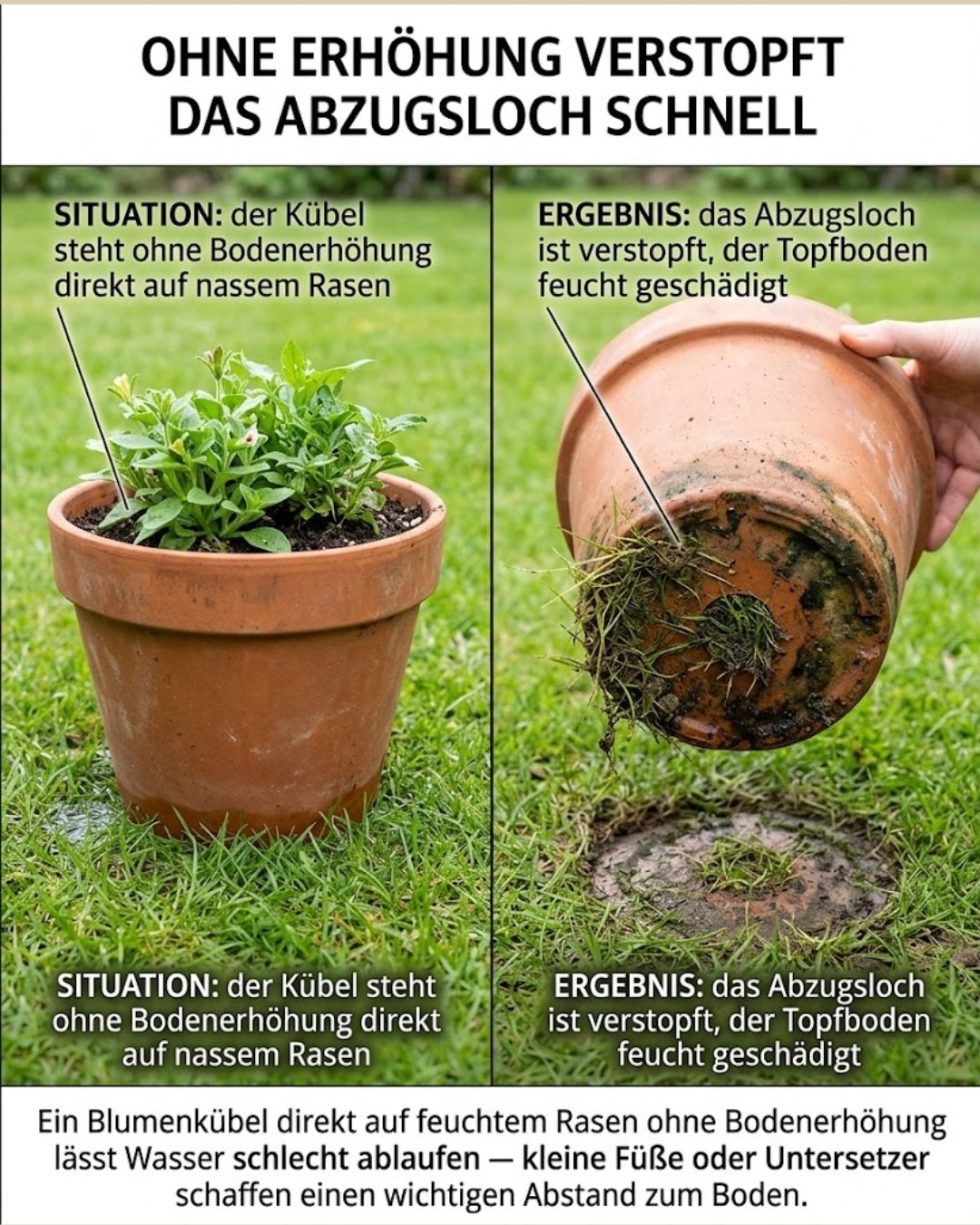 Einen Blumenkübel direkt und ohne jegliche Bodenerhöhung auf feuchtem Rasen abzustellen, kann das ordnungsgemäße Abfließen von überschüssigem Gießwasser über die Zeit erheblich beeinträchtigen. Steht