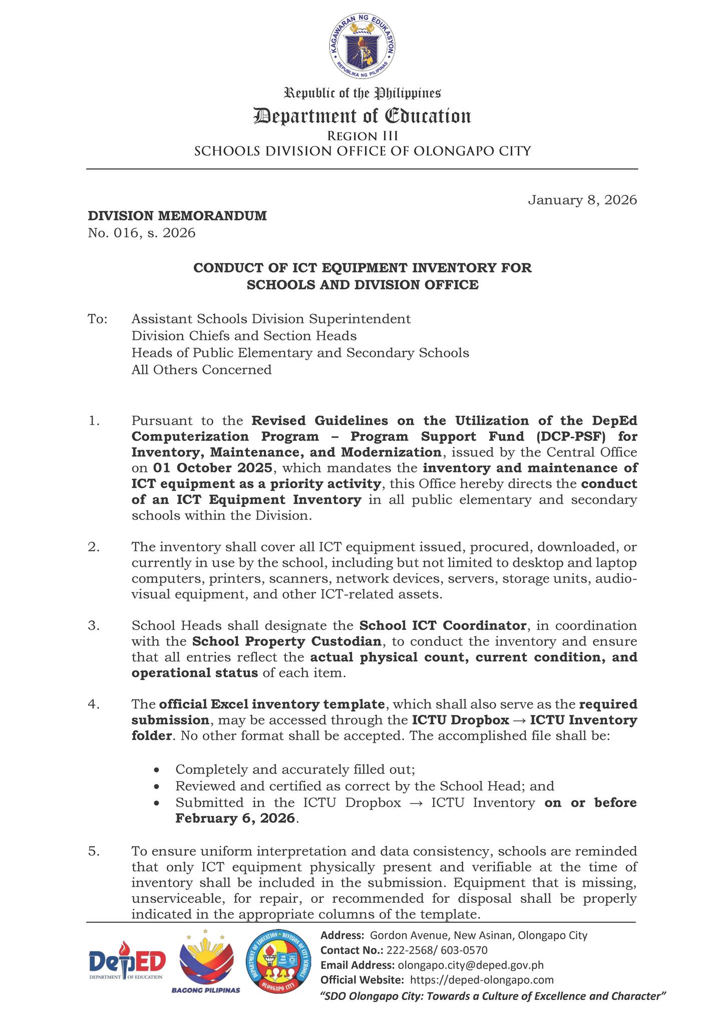 DM No. 016, s. 2026 - CONDUCT OF ICT... - DepEd Olongapo City | Facebook