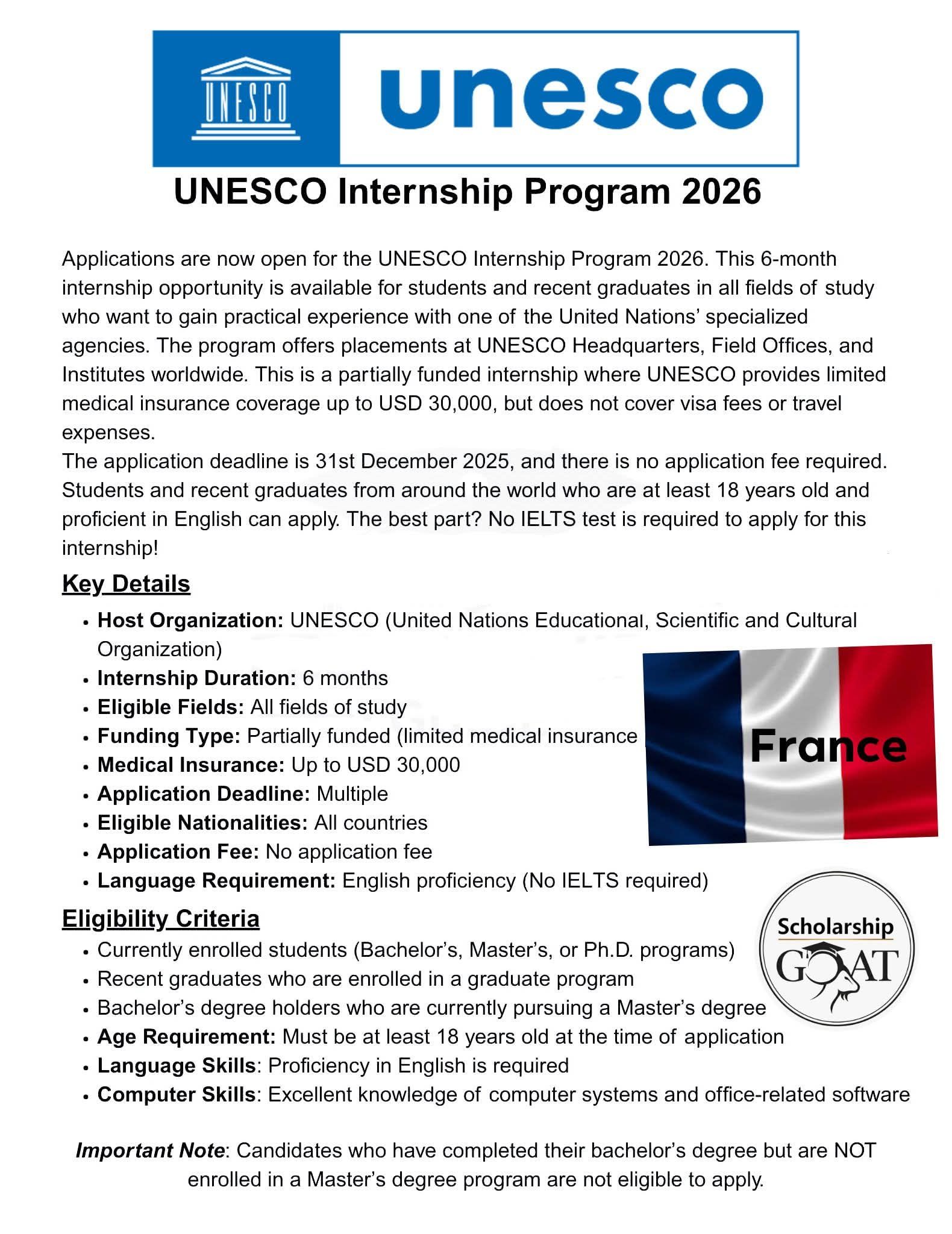 🌍 UNESCO Internship Program 2026 -... - Scholarship GOAT | Facebook