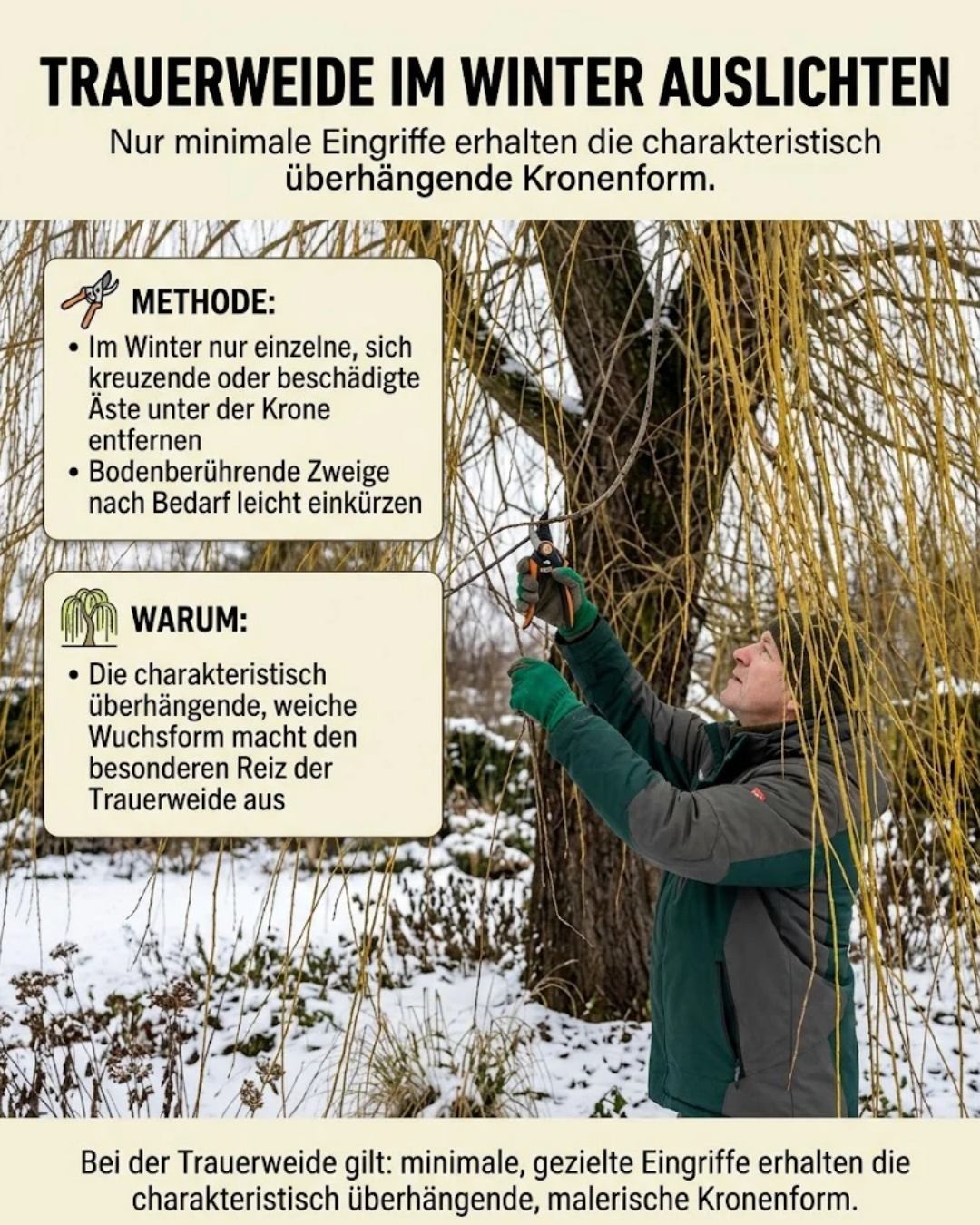 Die Trauerweide besticht mit ihrer charakteristisch überhängenden, bis zum Boden reichenden Zweigstruktur, ein besonderer Reiz, der beim Schnitt eine deutlich zurückhaltendere Herangehensweise verdient als bei aufrecht wachsenden Bäumen. Im Winter
