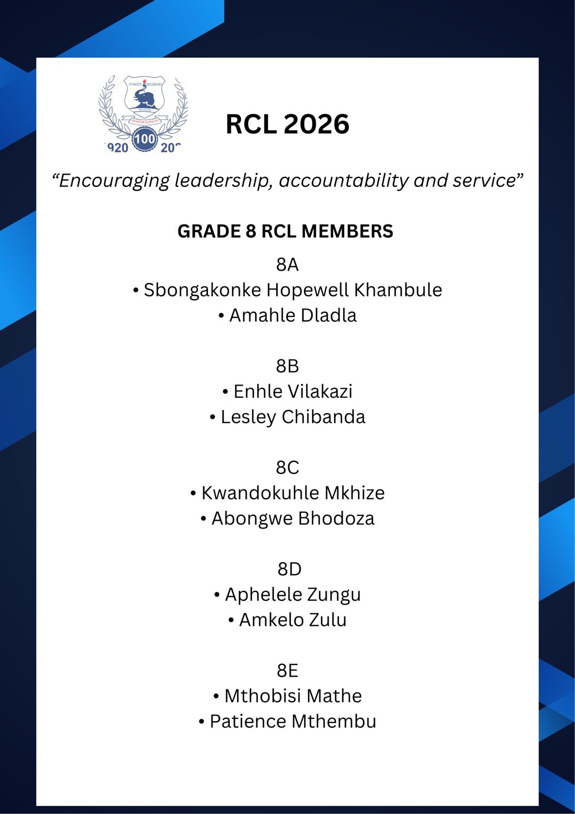 Introducing our RCL Mrmbers for... - Stanger Secondary School | Facebook