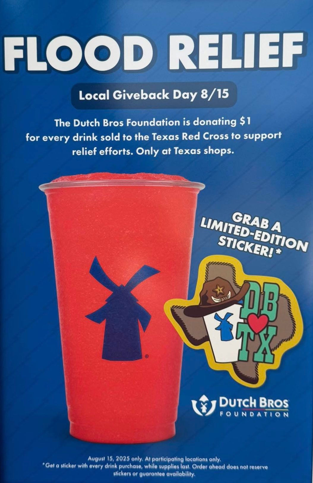 Texas flood relief sticker day at Dutch Bros