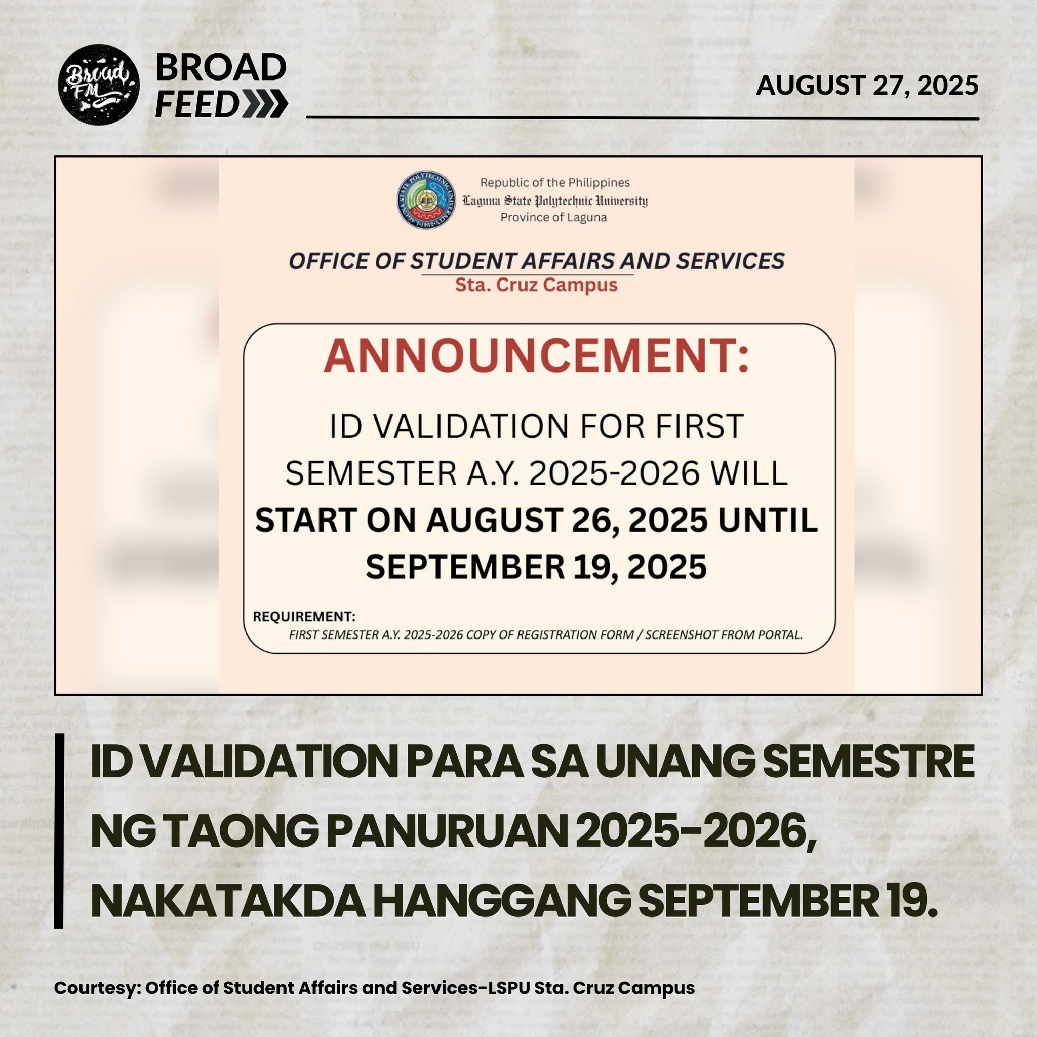 LSPU-Broad - Schedule ng ID Validation para sa 1st semester ng ...