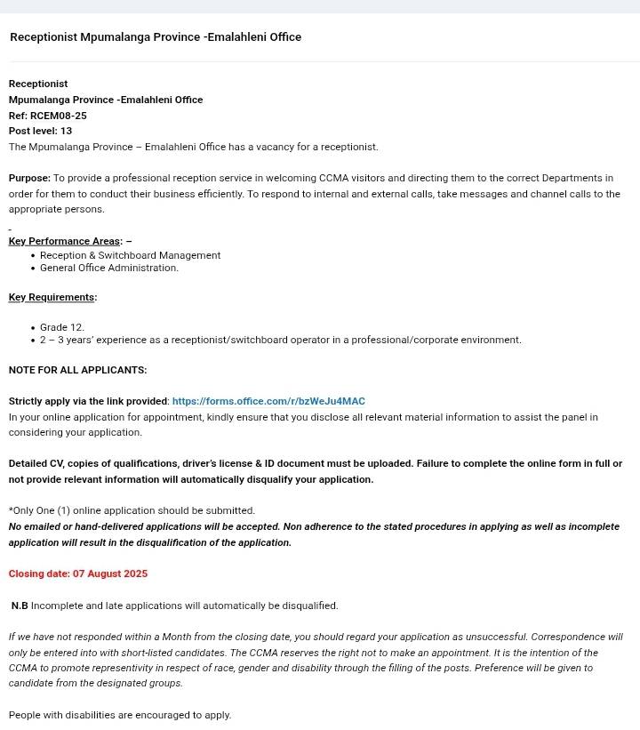 ISpan - Receptionist CCMA Emalahleni, Mpumalanga Closing Date 12 August ...