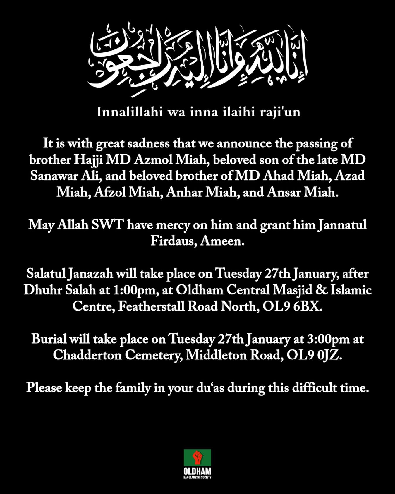 Oldham - Inna lillahi wa inna ilayhi raji’un. It is with great sadness ...