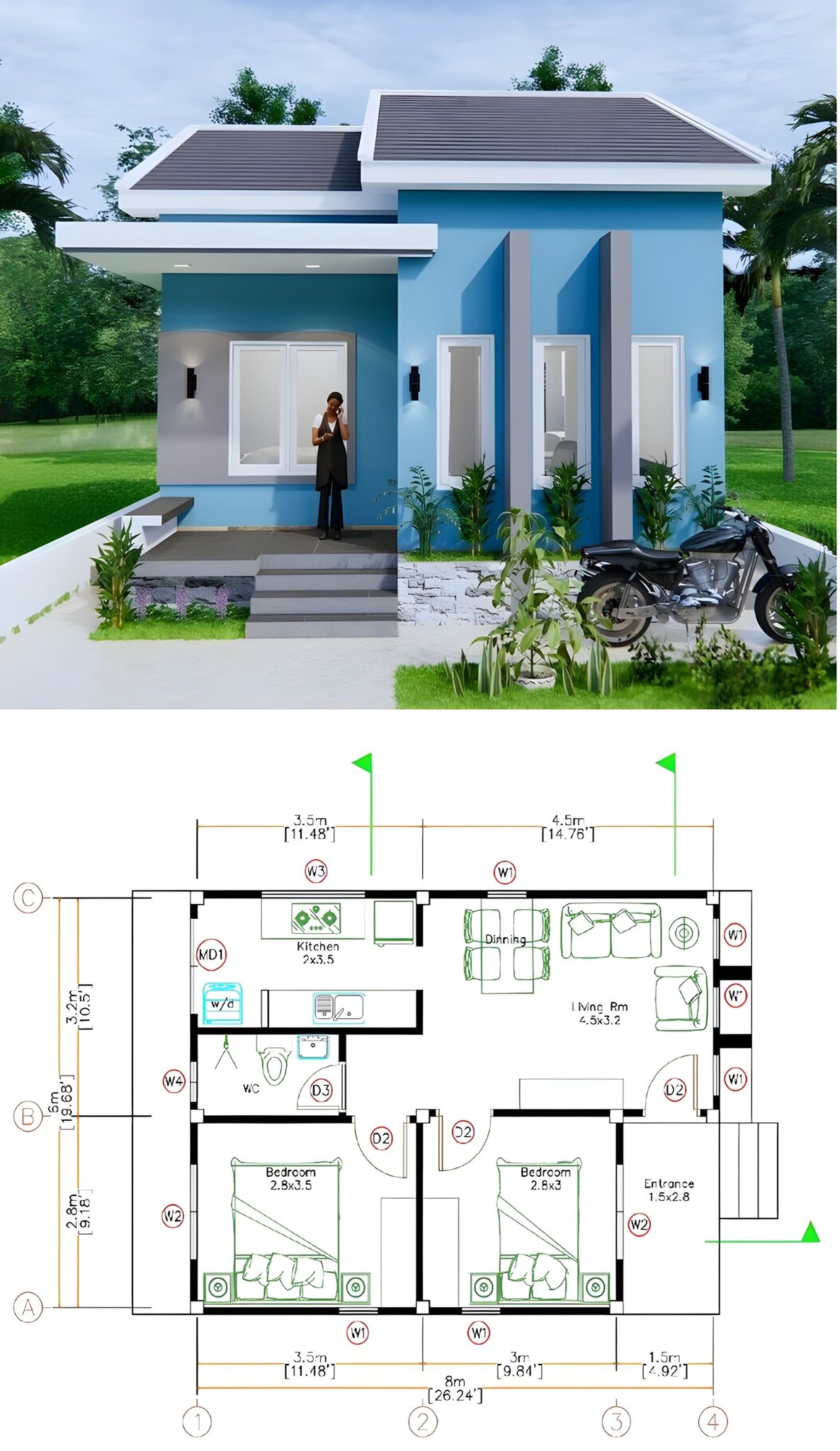 DreamFlow - a small, modern, single-story house design. It's likely ...