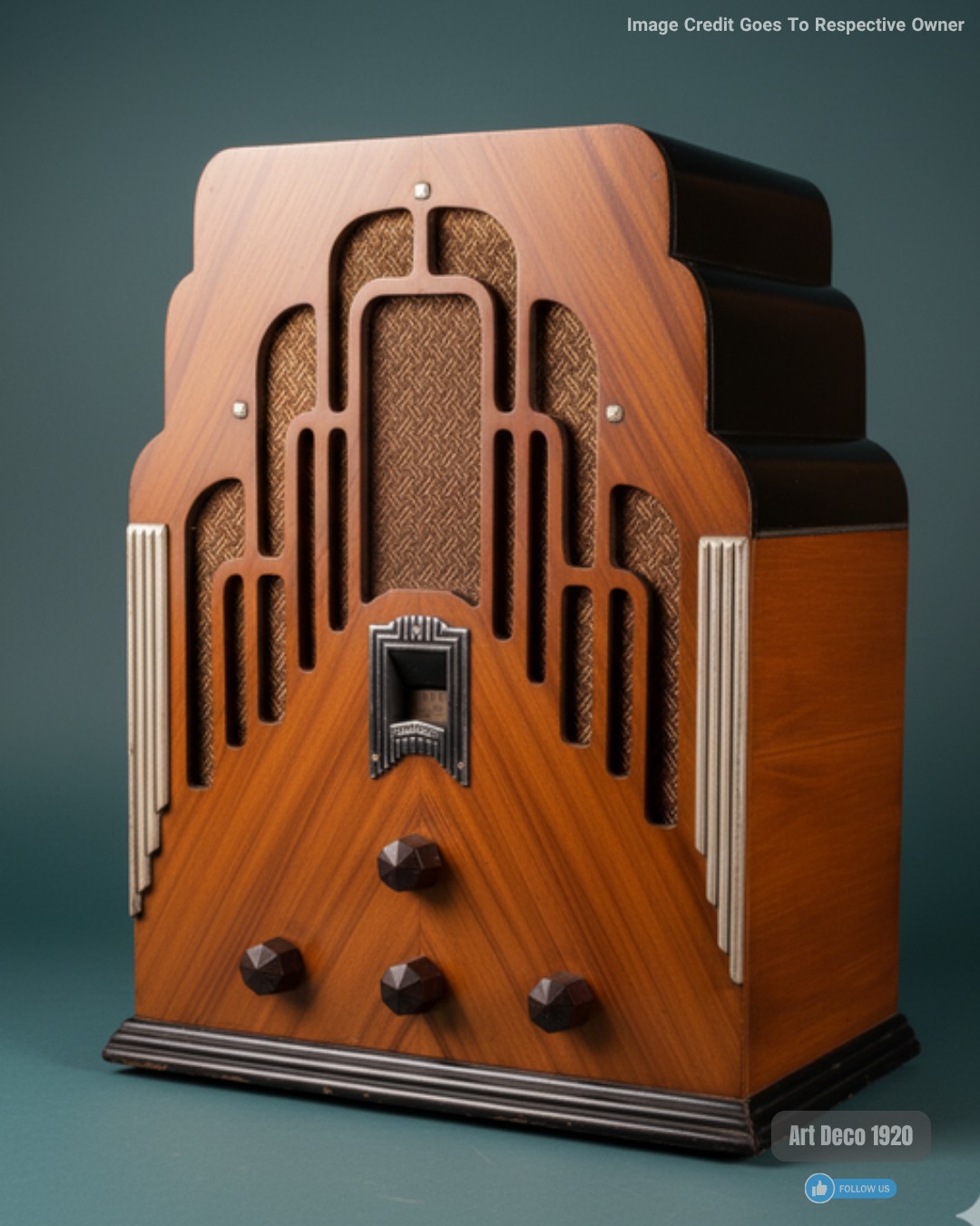 Art Deco radio with rich wood and brass details