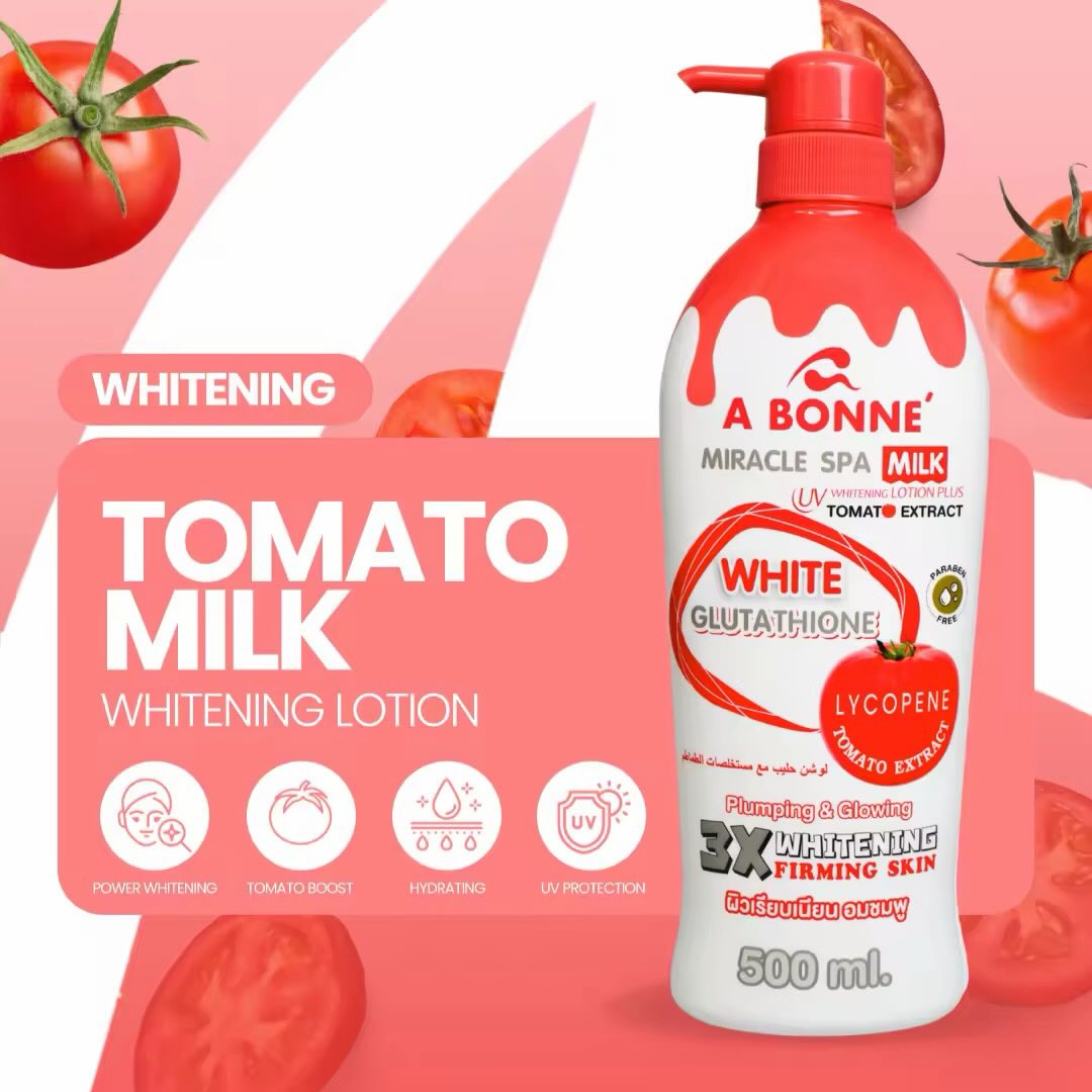 Reveal clearer, smoother, and more radiant skin with A Bonne Tomato Milk Whitening Lotion—your daily glow booster for soft, healthy-looking skin 🍅 Infused with Lycopene-rich tomato extract, milk protein, glutathione, and kojic