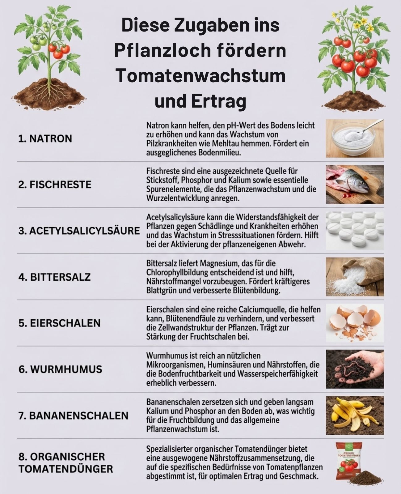 Verschiedene Zusätze beim Pflanzen können Tomatenwachstum und Ertrag unterstützen. Hier sind bewährte Beigaben für das Pflanzloch. 1. Natron Kann bei stark saurem Boden (pH unter 6) zur pH-Anpassung b