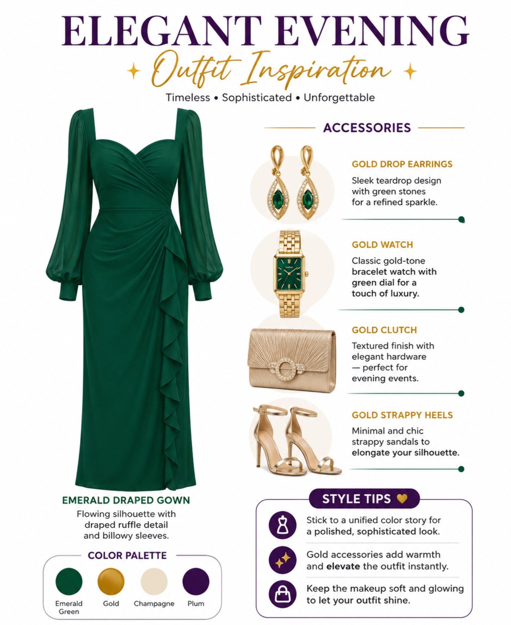 what color accessories with dark green dress are and earthy ball gown ideas gold jewelry? wedding guest accessories for dark green dress