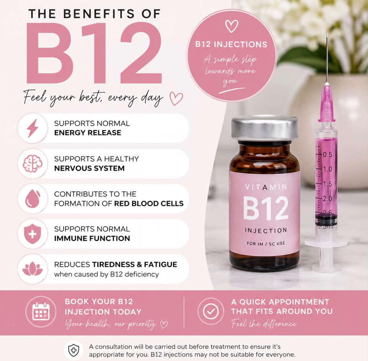 💉✨ Give Your Body the B12 Boost It Deserves! ✨💉 Vitamin B12 plays an important role in supporting: 💙 Normal energy release 🧠 A healthy nervous system 🩸 Healthy red blood cell