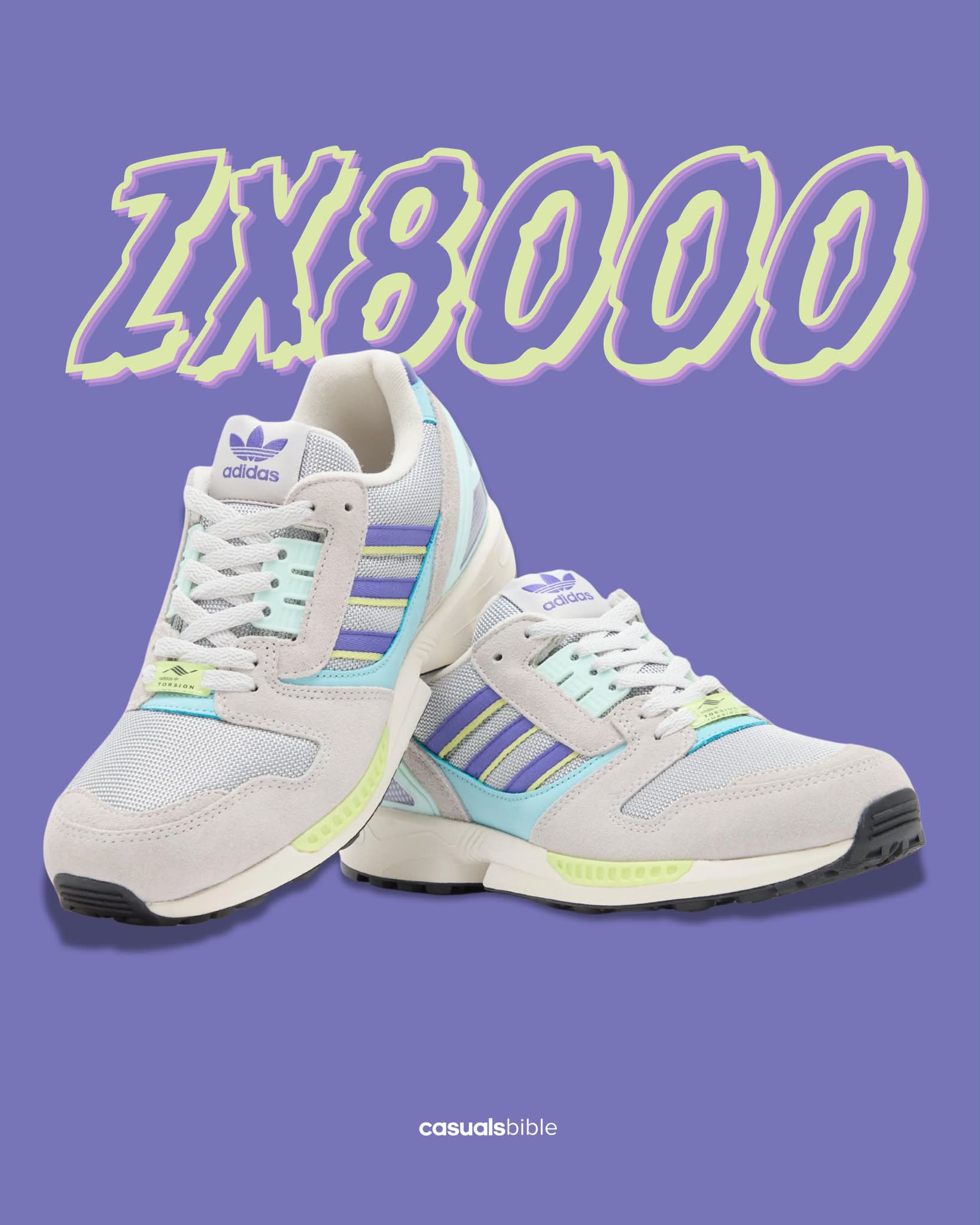 Adidas ZX 8000. Grey base, purple overlays, that lemon hit on the