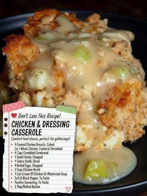 This is the casserole people don't stop talking about after the first bite. Chicken, cornbread dressing, cream of chicken soup holding it all together, poultry seasoning through every layer. One pan and