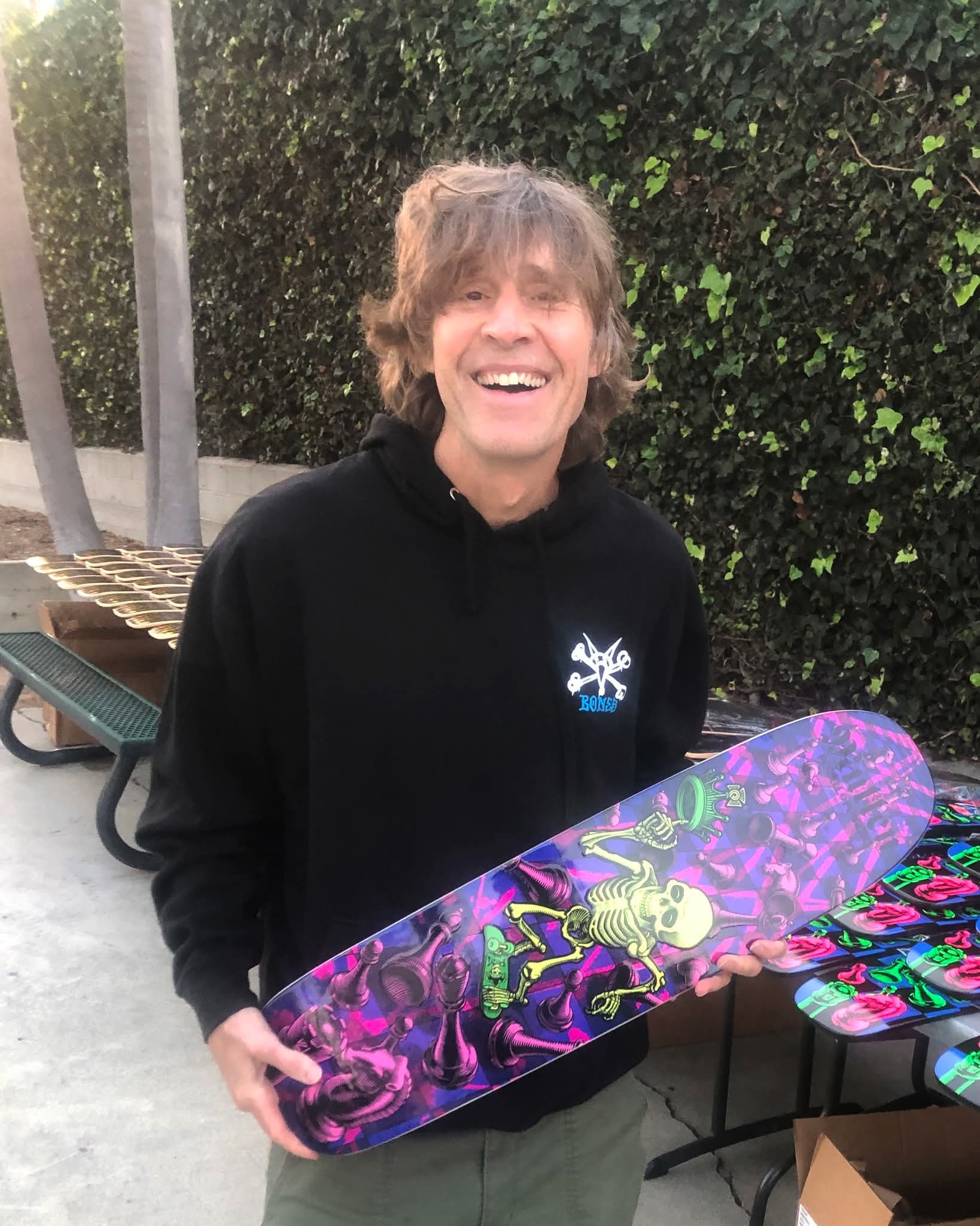 Rodney Mullen looking stoked with his new Bones Brigade x