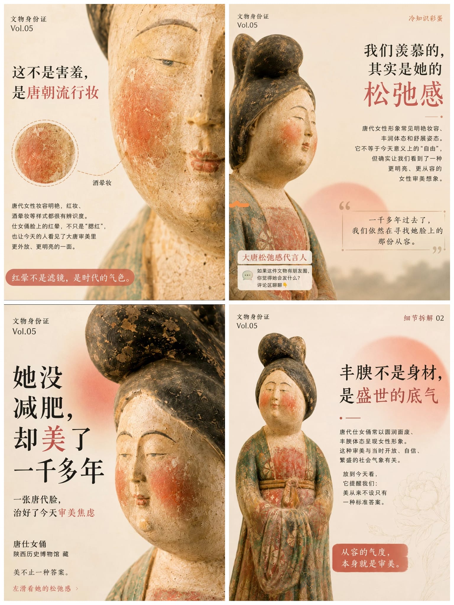 今天认识一件文物：唐仕女俑。 它来自大唐，是唐代陶俑中极具代表性的