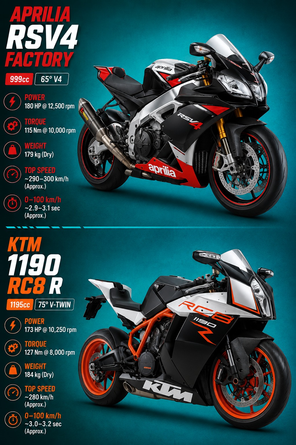 The KTM RC8, MV Agusta F4, and Aprilia RSV1000 are all iconic
