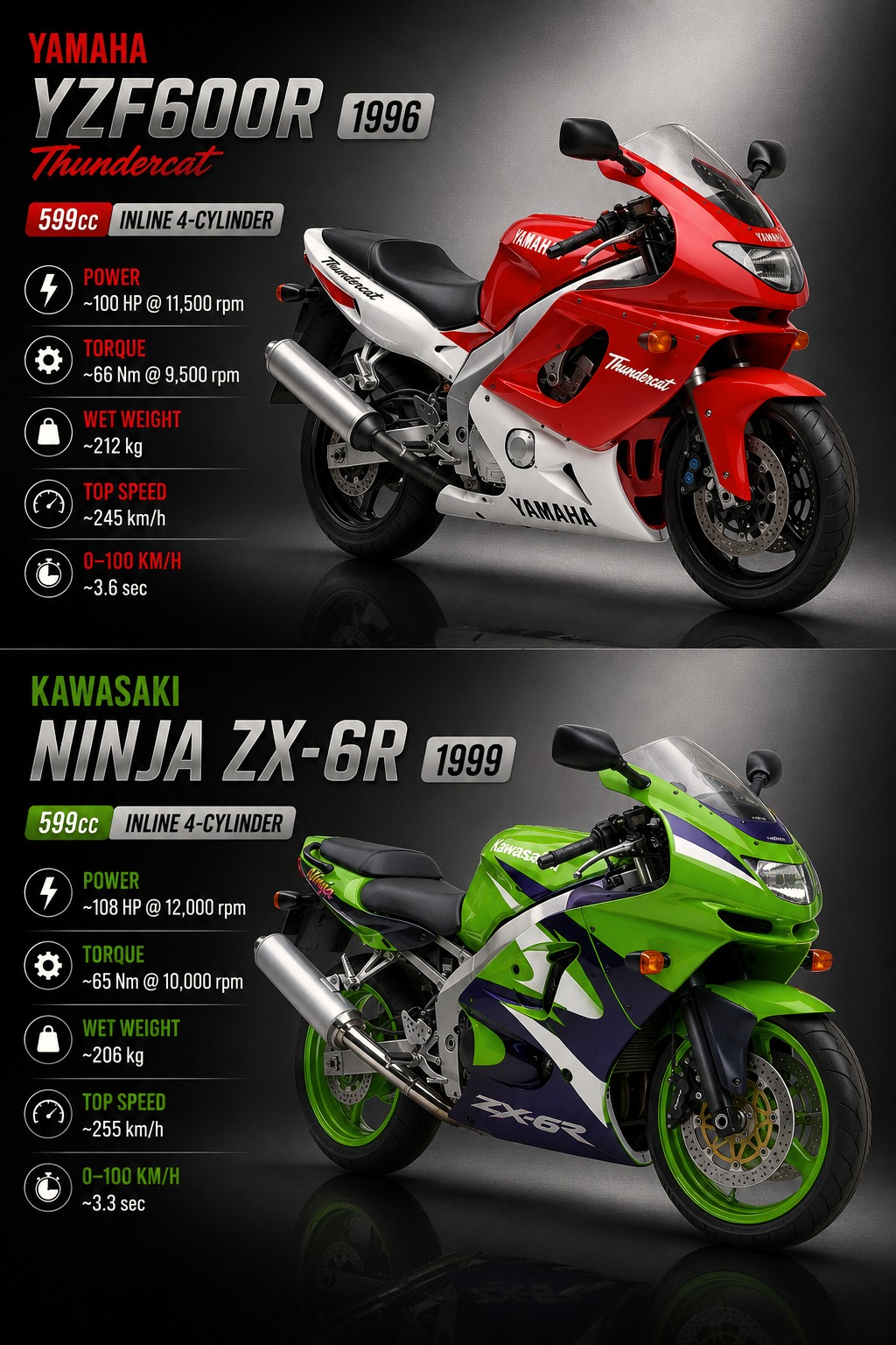 Yamaha YZF600R Thundercat vs Kawasaki Ninja ZX-6R: 1990s 600cc