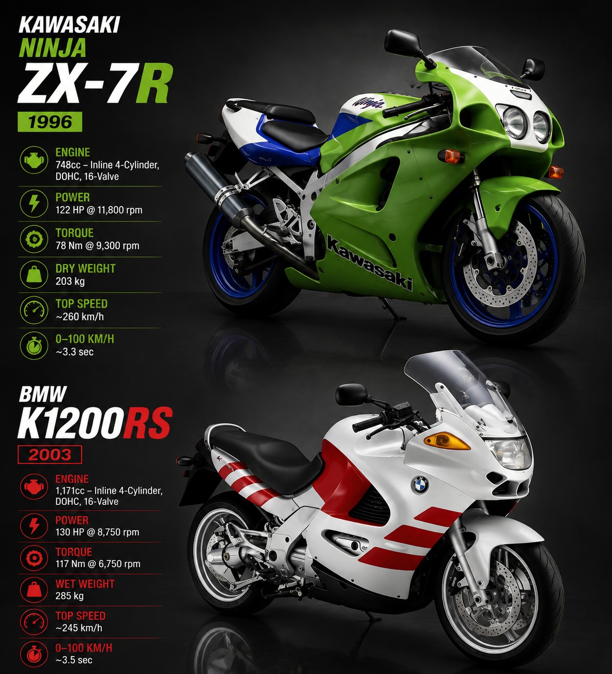 In the late '80s, the BMW K1 and Kawasaki ZX-10 