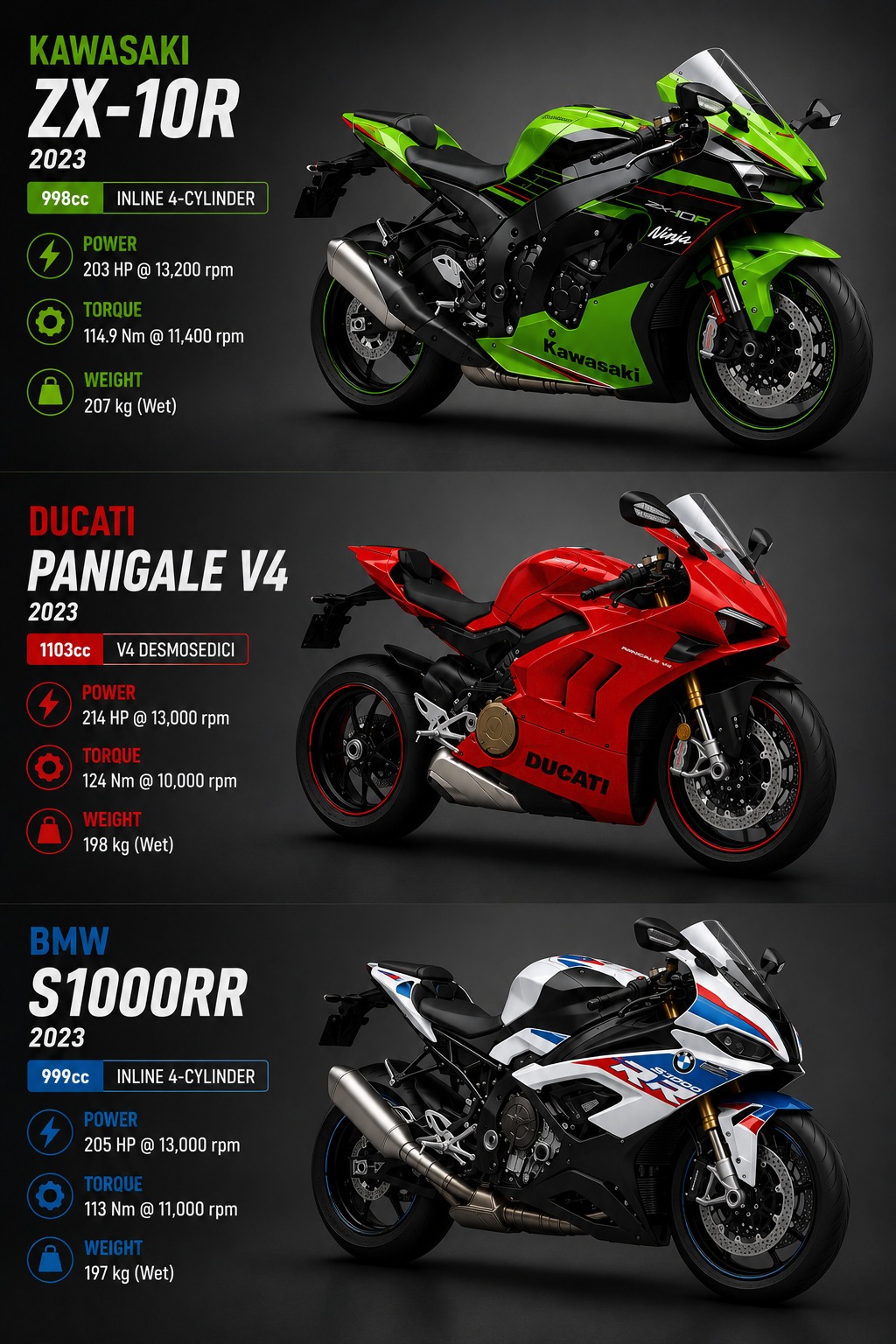 The Kawasaki Ninja ZX-10R, Ducati Panigale V4 and BMW S1000RR
