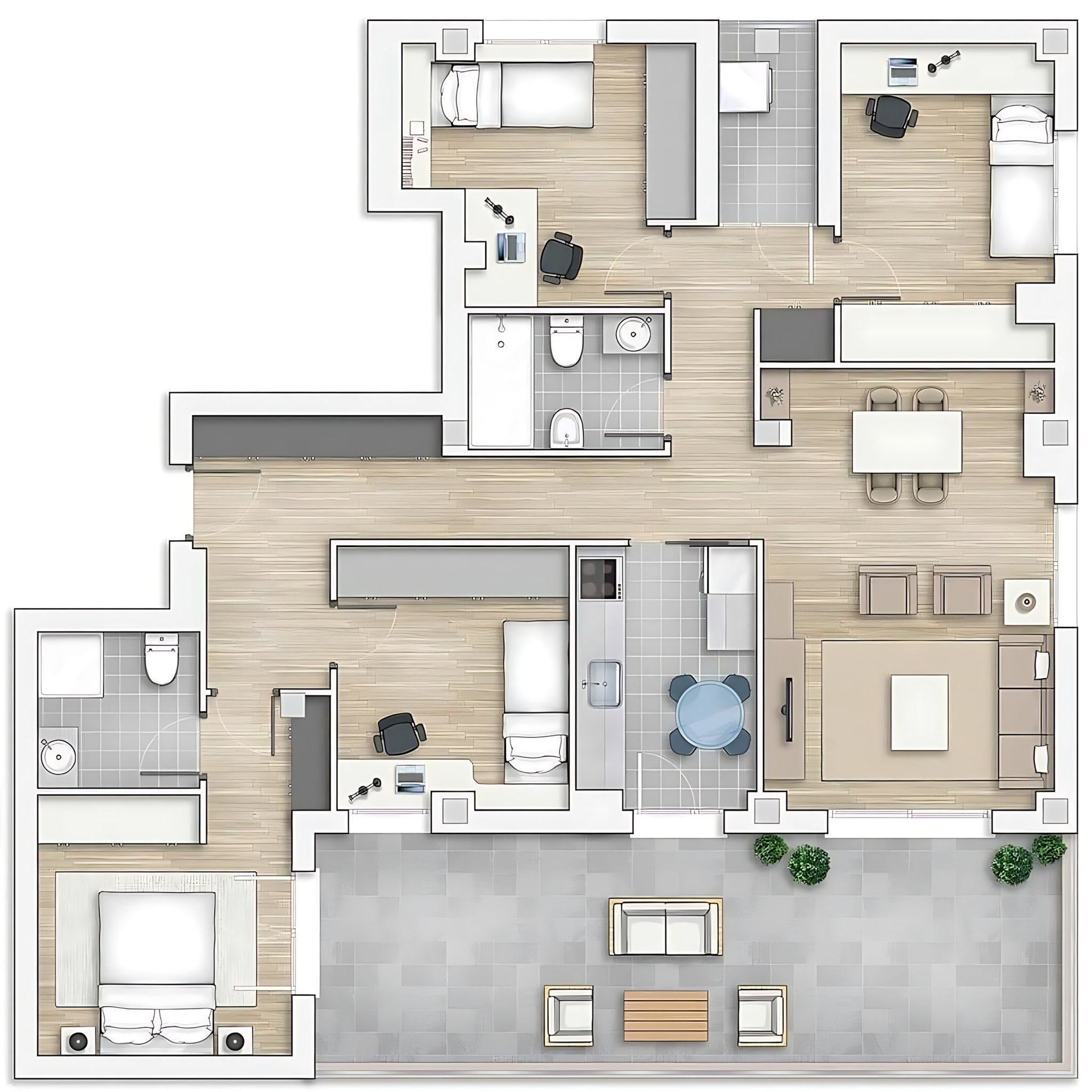 DreamFlow - a 2D floor plan of a modern apartment or house. The layout ...