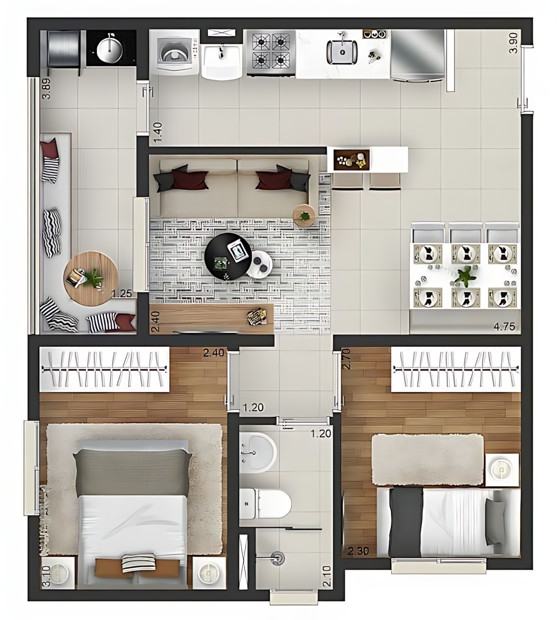 DreamFlow - The image presents a floor plan of a compact apartment. It ...