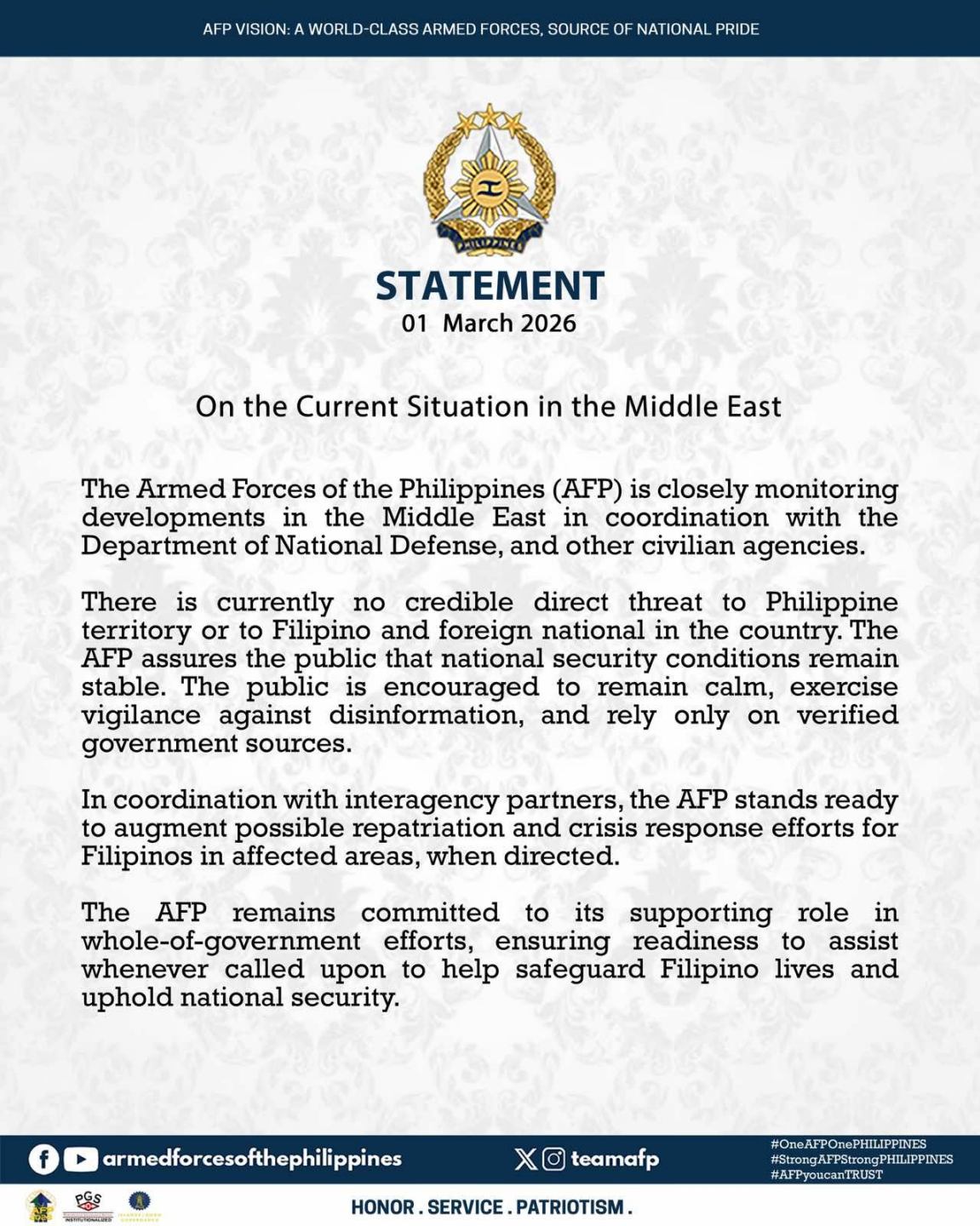 Bilyonaryo - AFP SEES NO DIRECT THREAT TO PH AMID US‑ISRAEL STRIKES ON ...