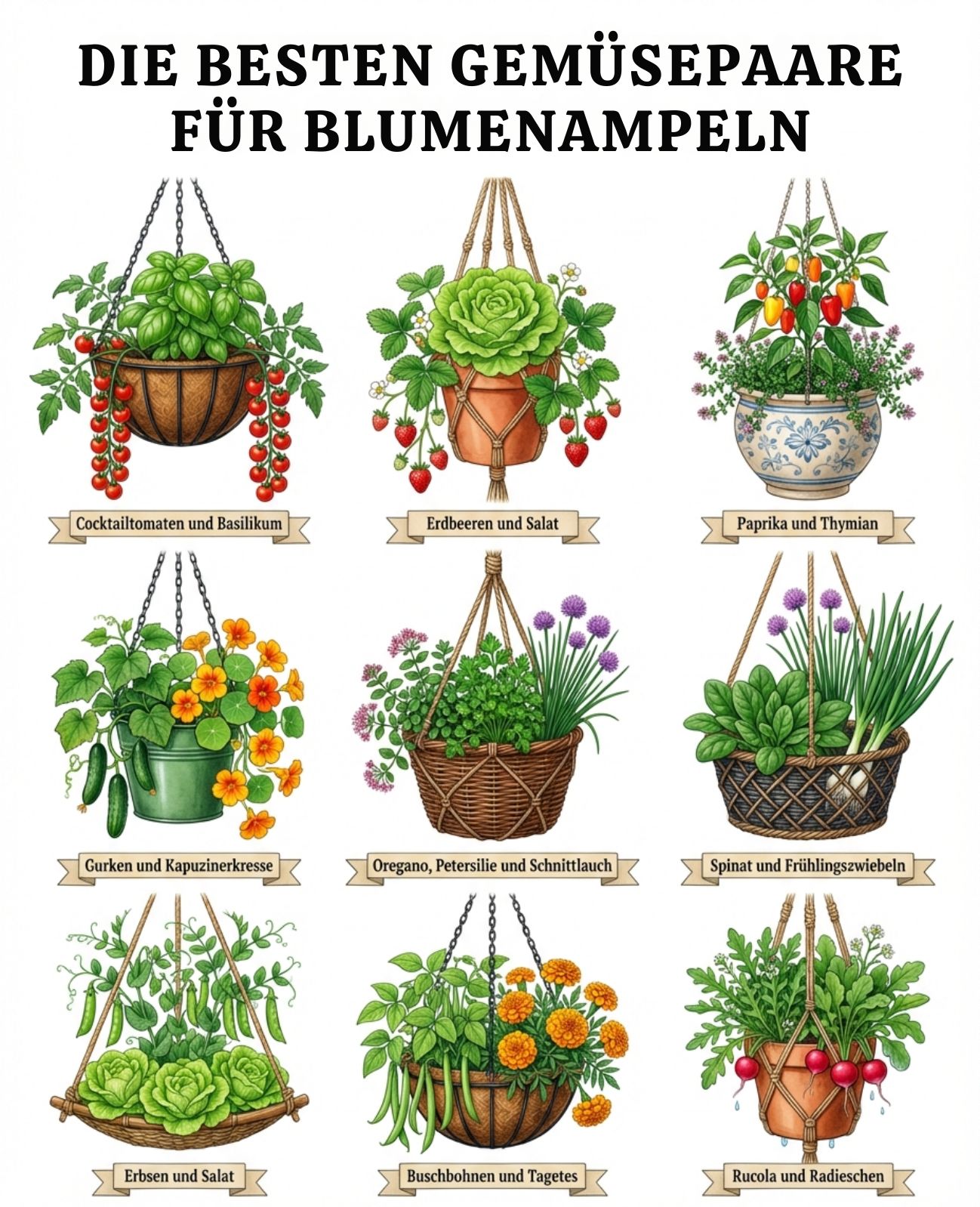 Blumenampeln heben den Garten in die Luft, wo kein Platz mehr am Boden ist. Diese Paarungen balancieren Gewicht, Hängewuchs und flache Wurzeln 🌱 Cocktailtomaten und Basilikum: Hängende Tomatensorten