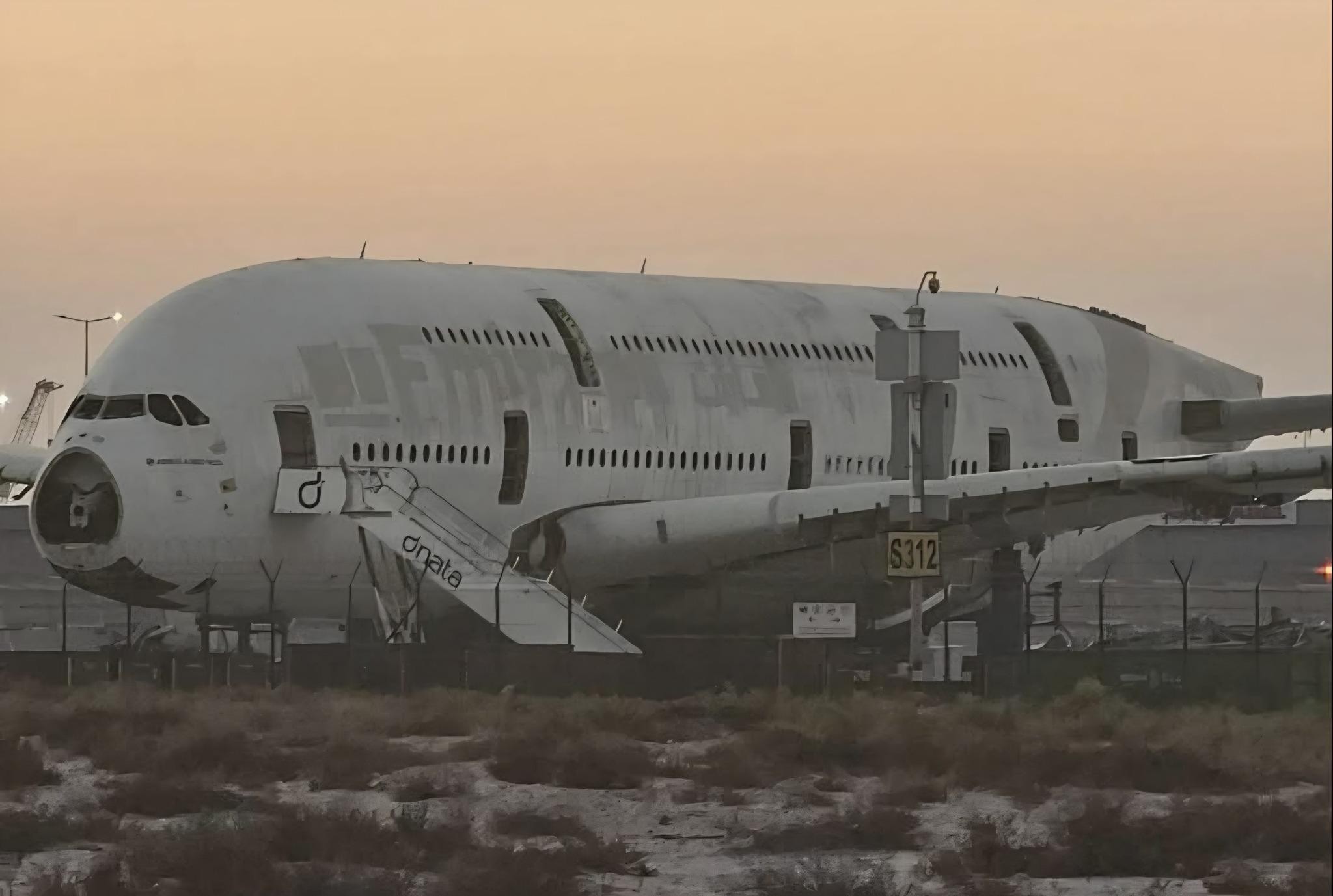 The last stage of dismantling an Emirates Airbus A380 before being
