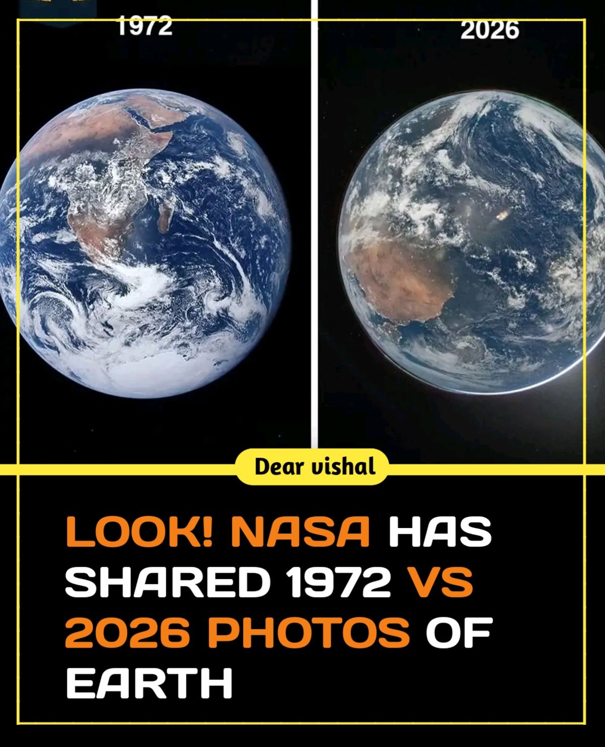 The photos, taken decades apart in 1968 and 2026, show Earth as it