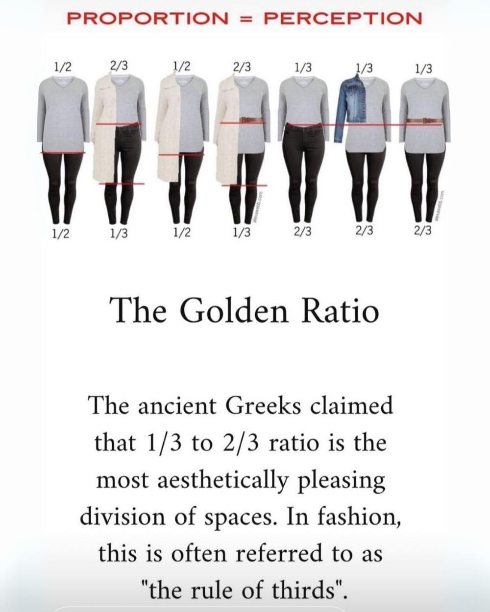 golden ratio dressing Proportion really is everything in fashion — and the proves it 👗✨ The ancient Greeks believed that the 1/3 to 2/3 ratio is the most visually pleasing way to divide what's new