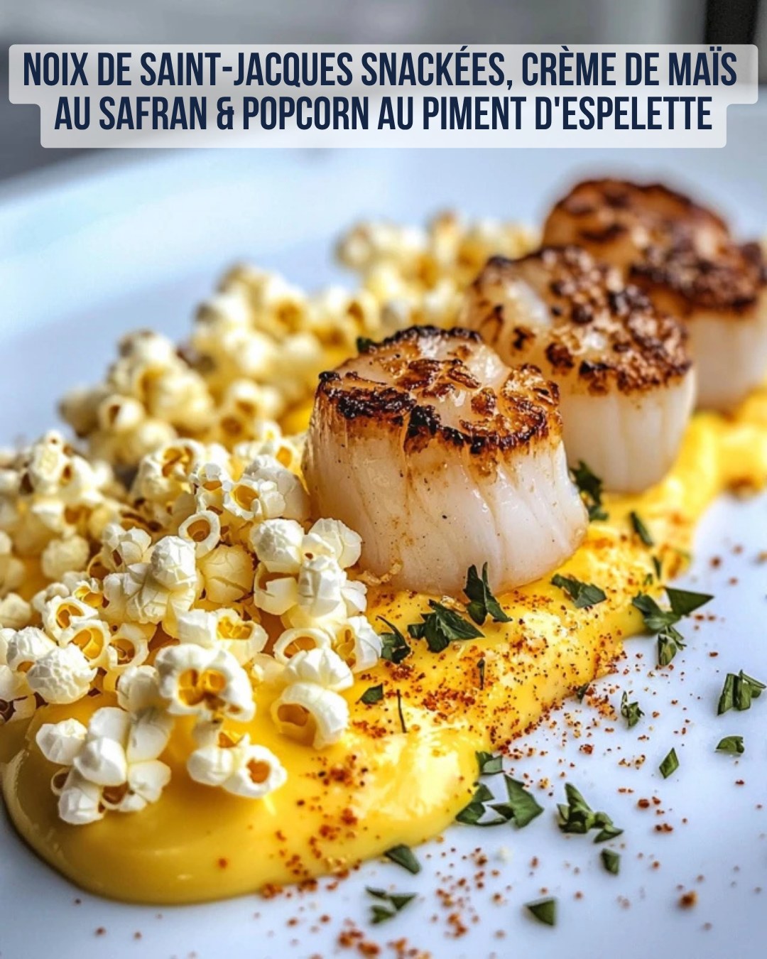 Les - Noix de Saint-Jacques Snackées, Crème de Maïs au Safran & Popcorn ...