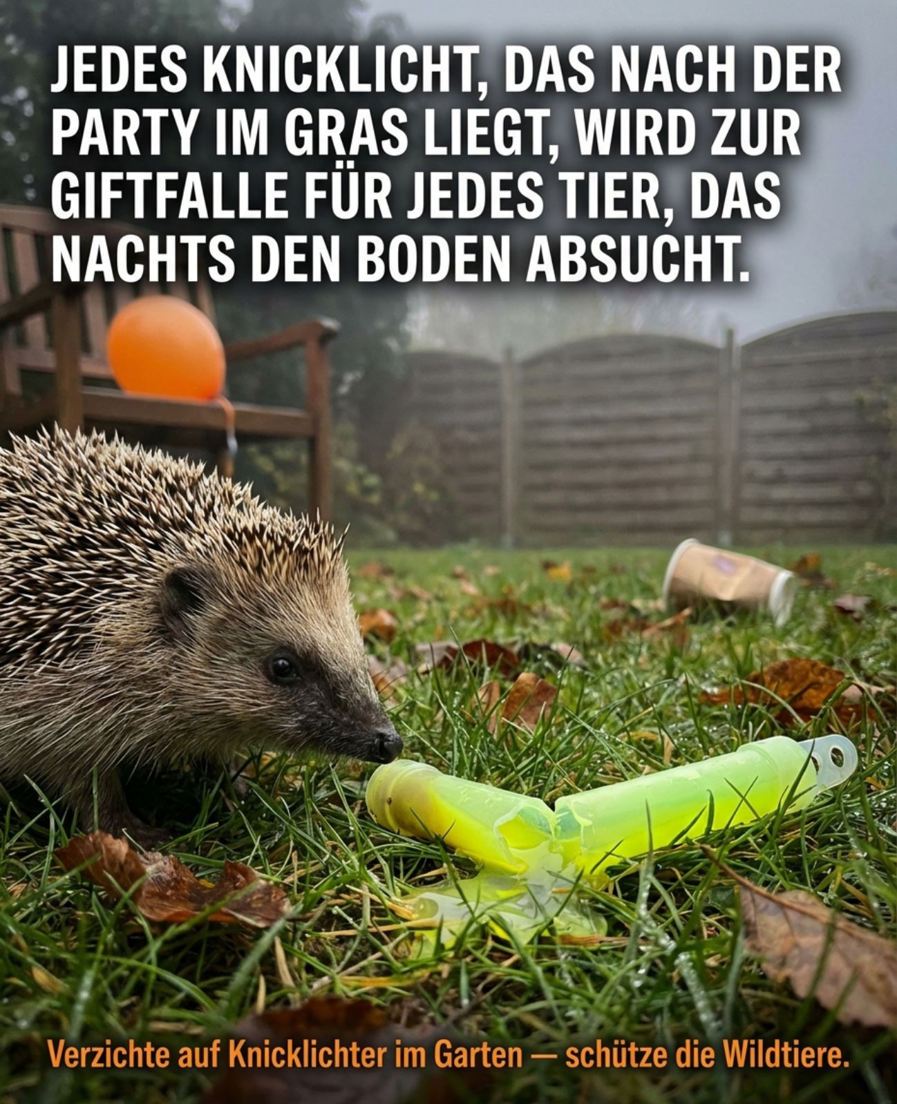 🎃 Verzichte auf Knicklichter im Garten — schütze die Wildtiere! 🕊️ Jedes Knicklicht, das nach der Party im Gras liegen bleibt, wird zur Giftfalle für jedes Tier, das nachts den Boden absucht. Das Kin