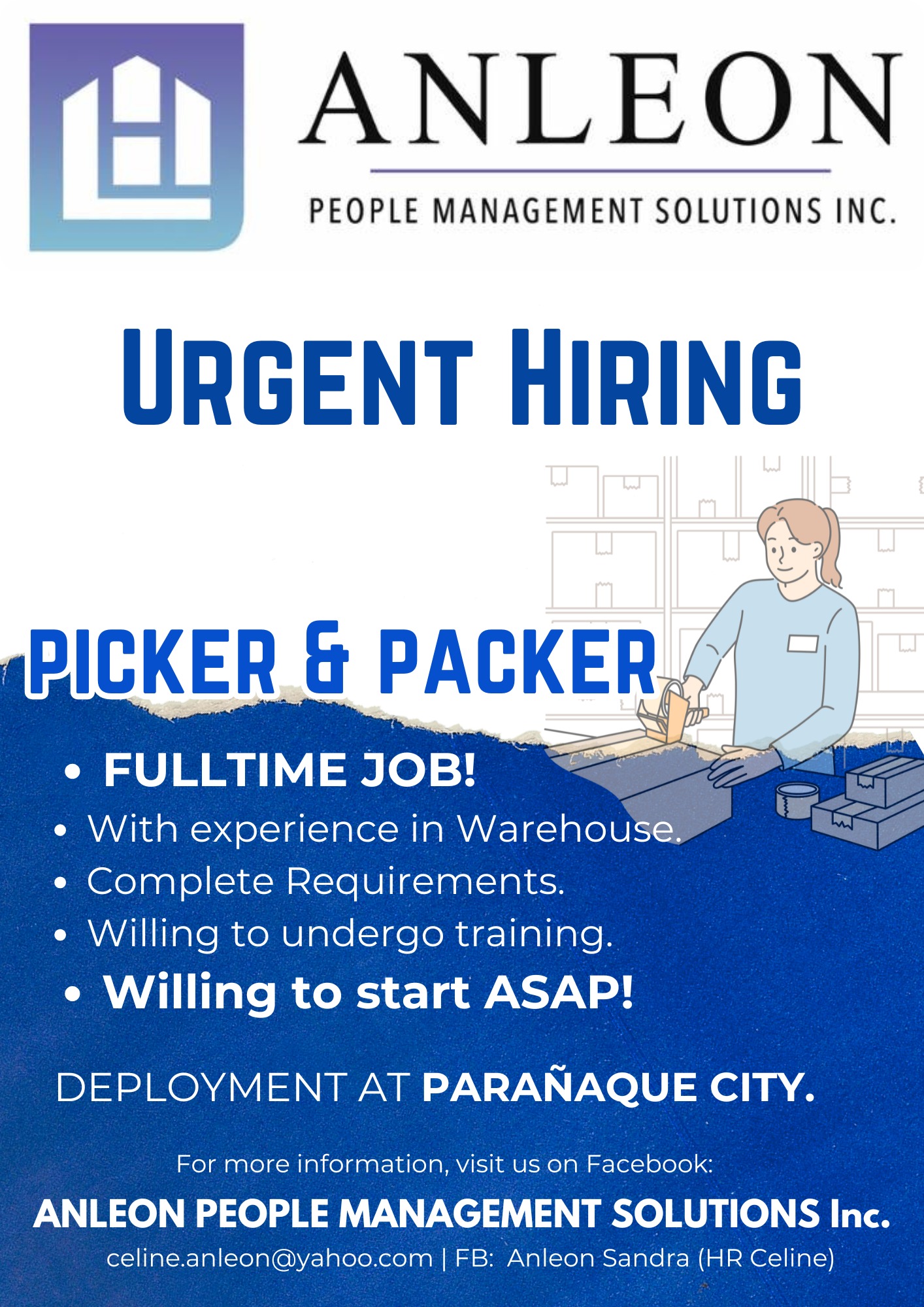 Job Hiring Paranaque | ‼️ 𝐔𝐑𝐆𝐄𝐍𝐓𝐋𝐘 𝐇𝐈𝐑𝐈𝐍𝐆 - PICKER & PACKER‼️ | Facebook