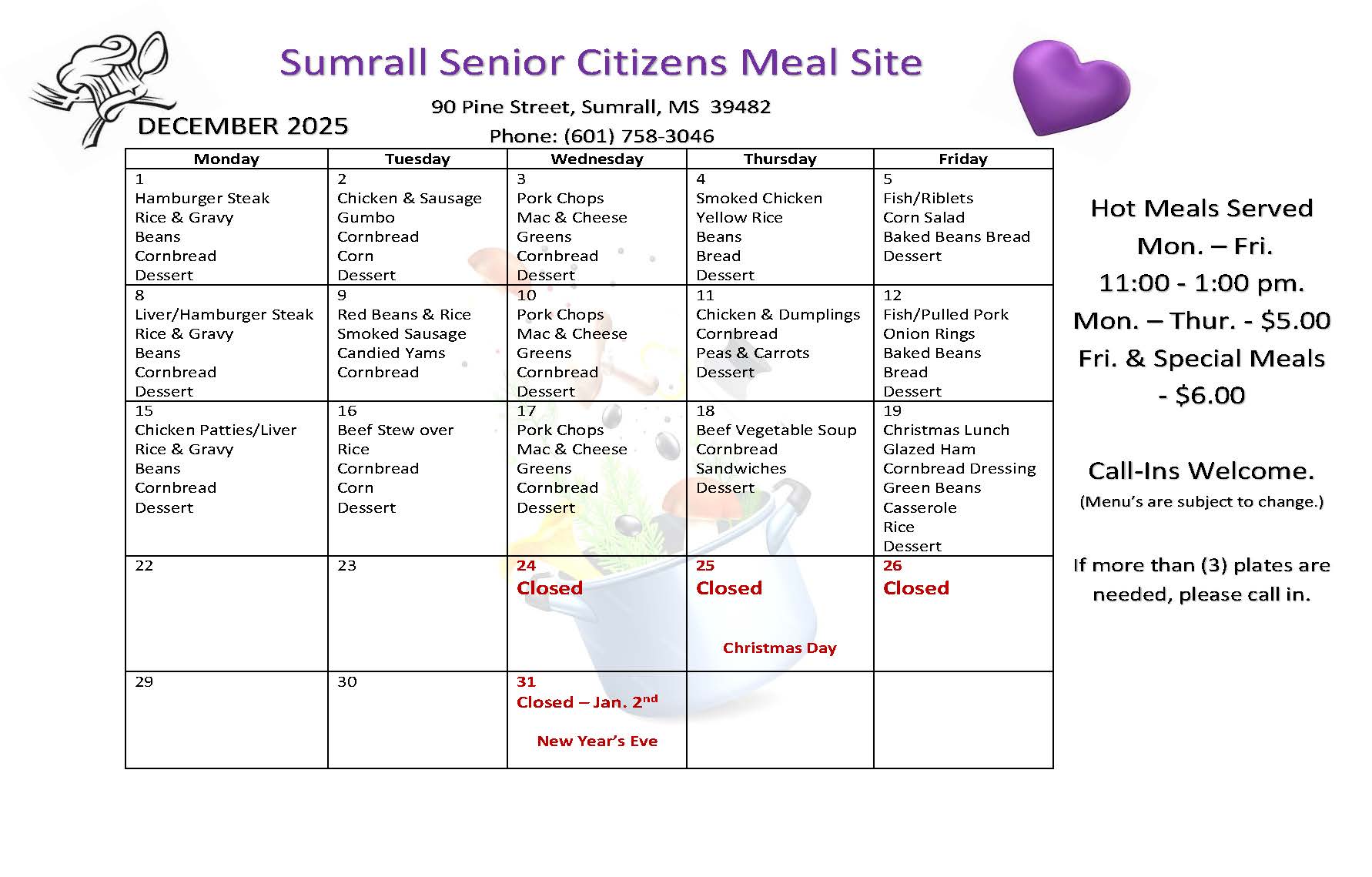 Pearl - 🍴 Sumrall Senior Citizens Meal Site – December Menu 🍴 We’re ...
