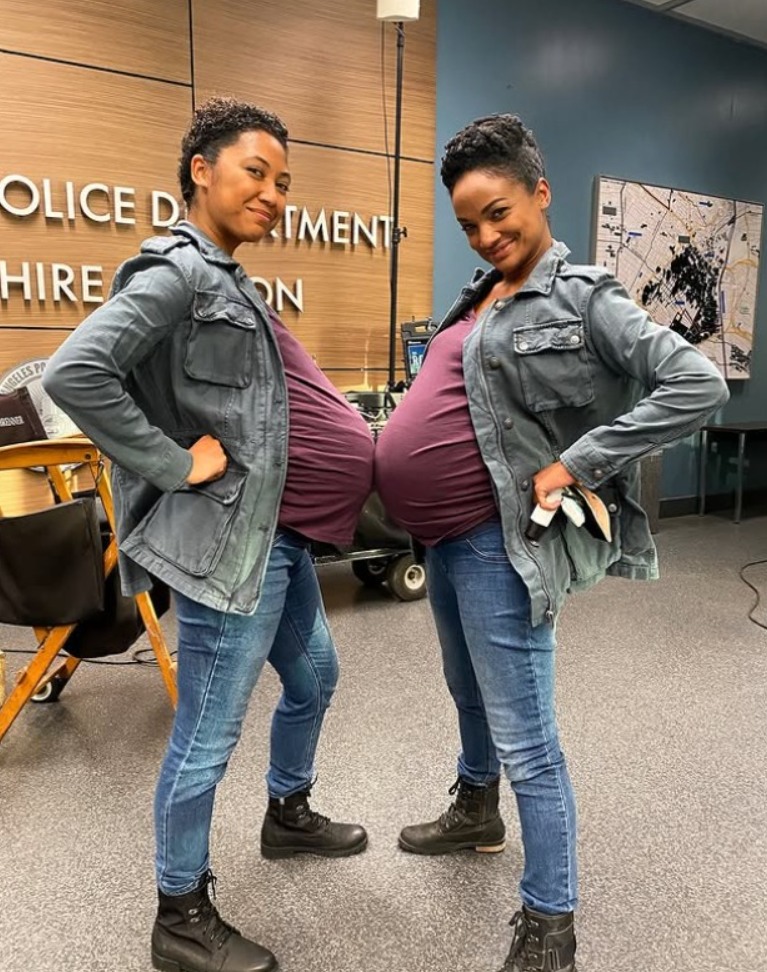 rookie-mekia-cox-nyla-harper-and-her-stunt-double-on-the-set-of-the
