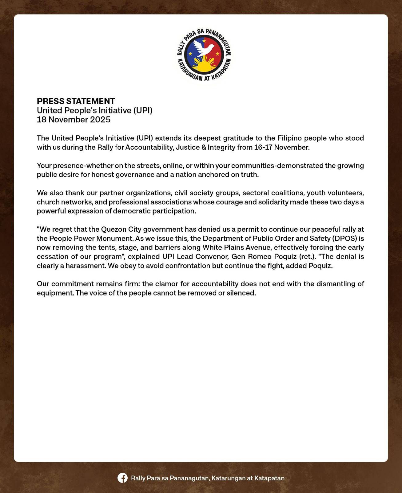 Rally - BASAHIN PRESS STATEMENT United People's Initiative (UPI) 18 ...