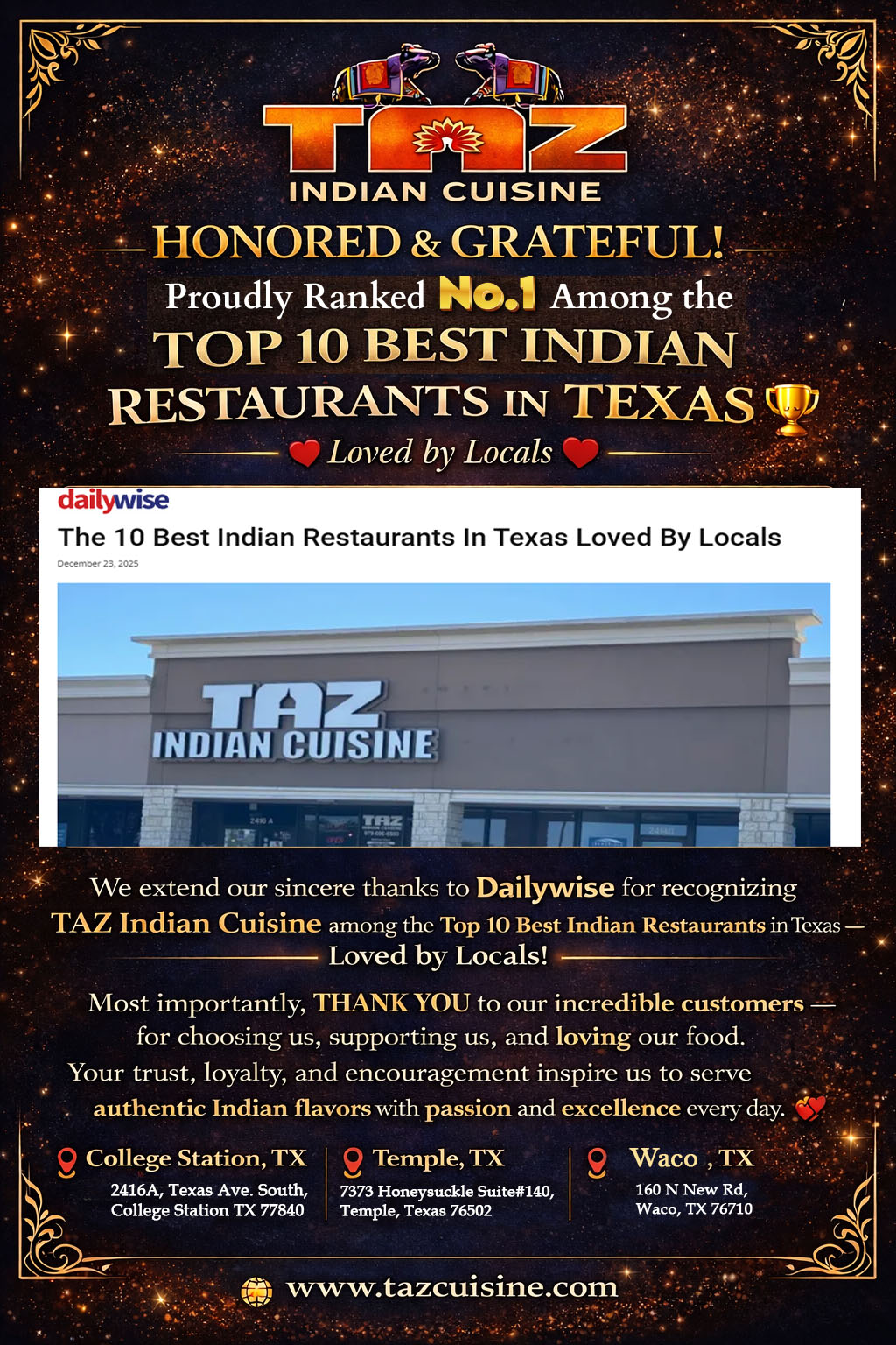 TAZ - We’re beyond excited to share that TAZ Indian Cuisine has been ...
