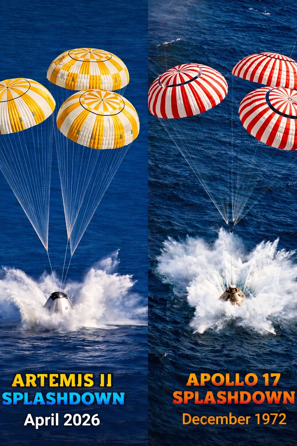 Artemis II and Apollo 17 spacecraft ocean splashdowns