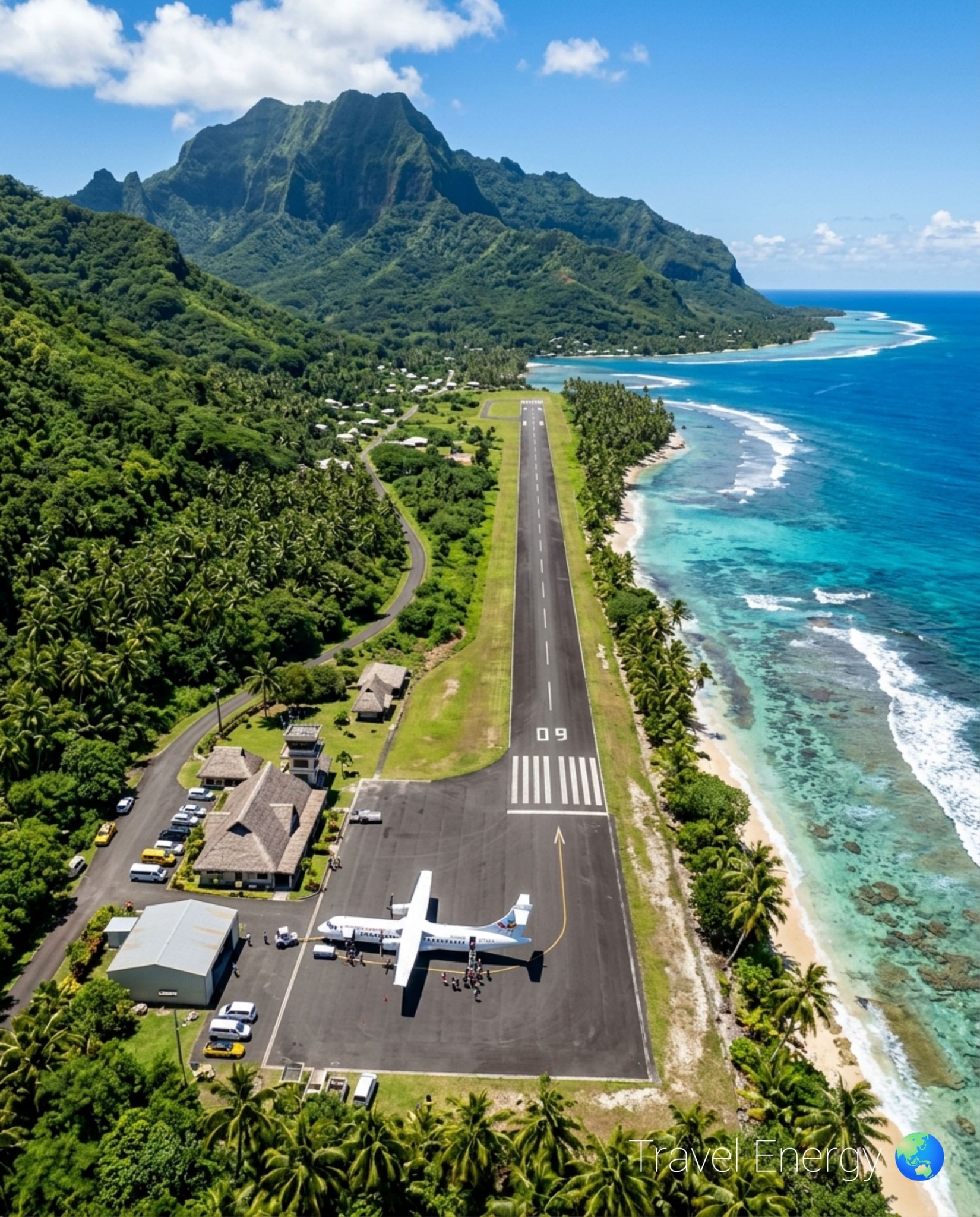 ✈️ A runway surrounded by emerald mountains and endless ocean