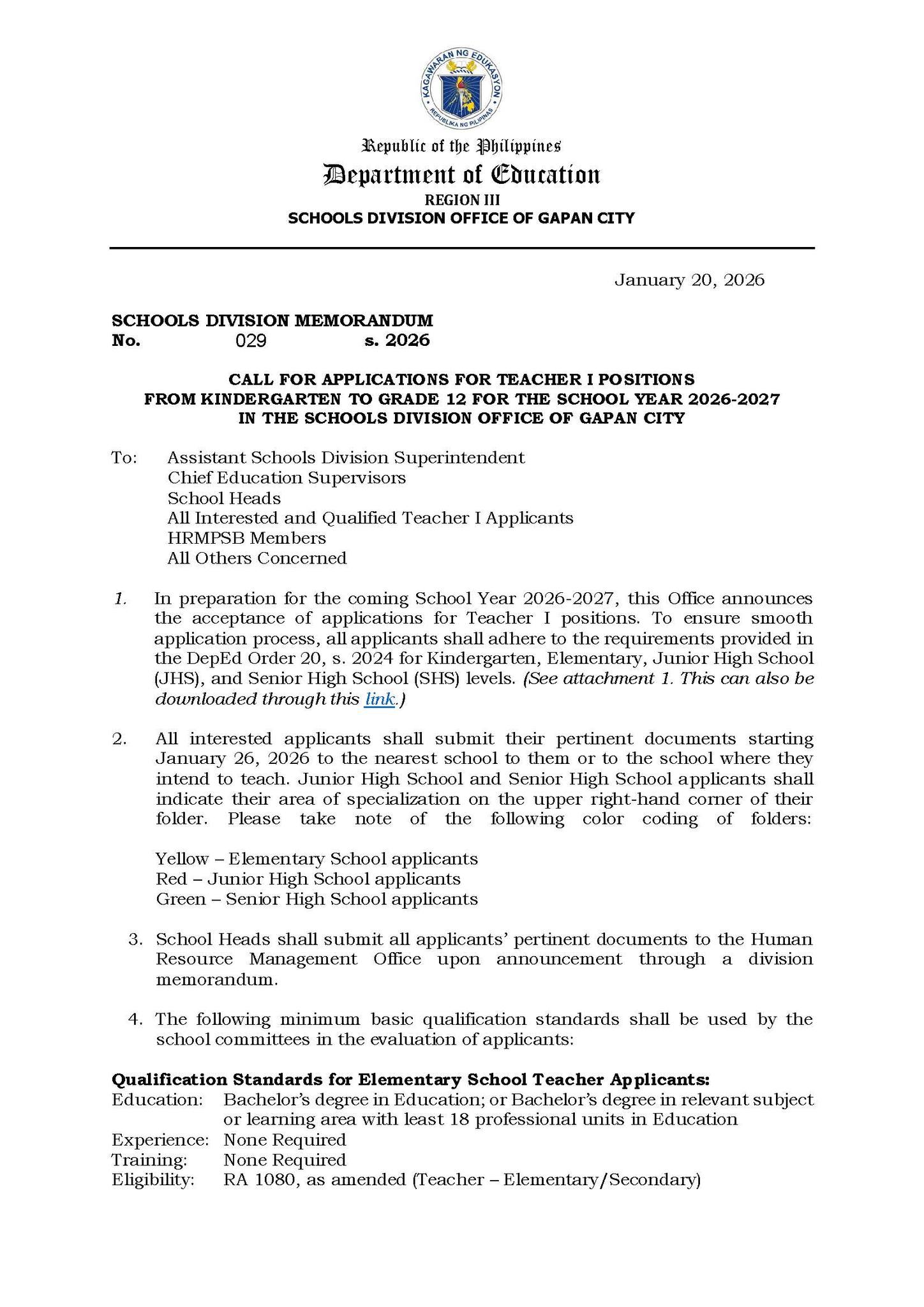 DepEd - CALL FOR APPLICATIONS: Teacher I – Division of Gapan City ...