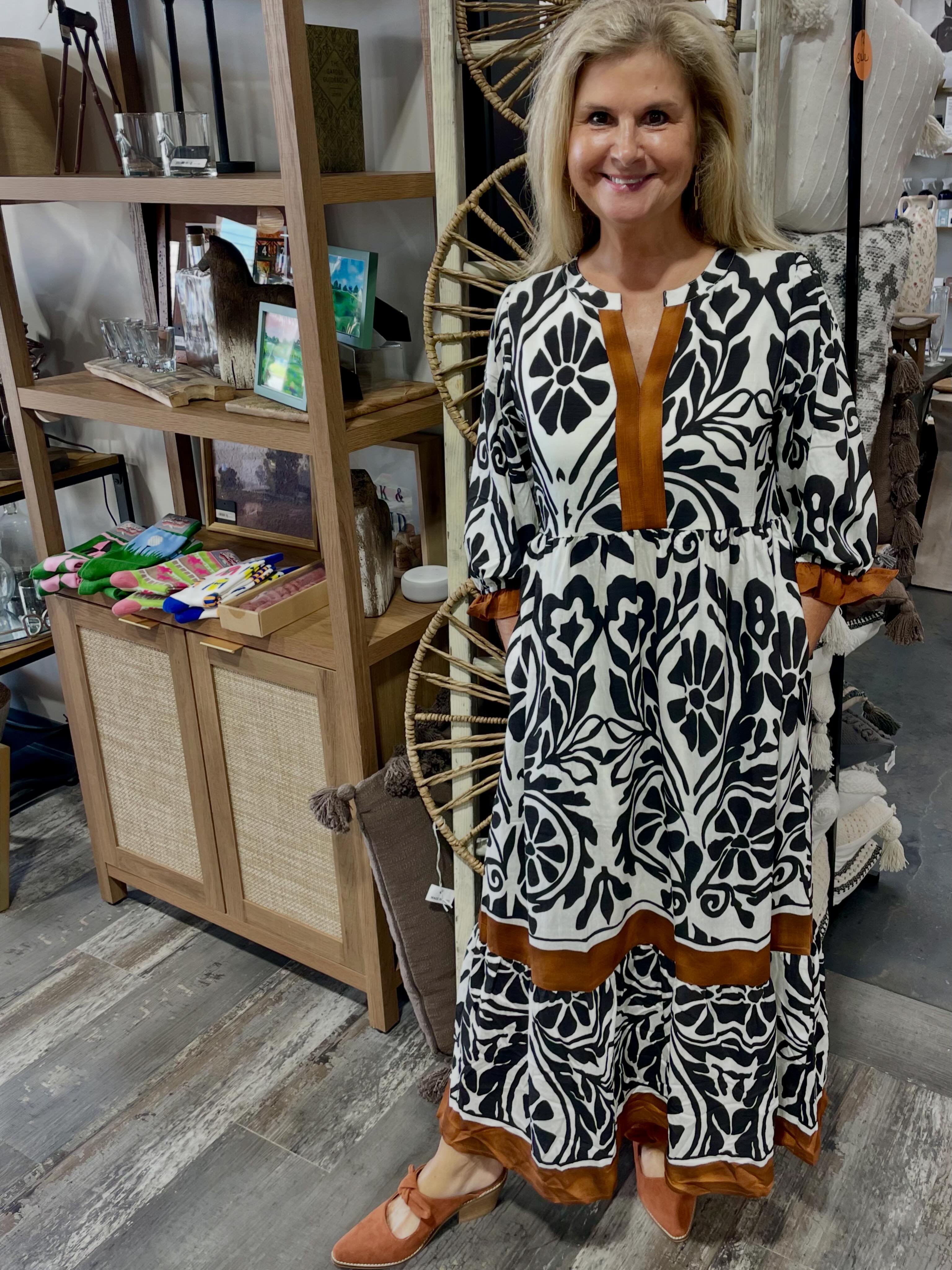 ivory dress with black shoes Fall outfit idea and printed and Corky's Fun dress