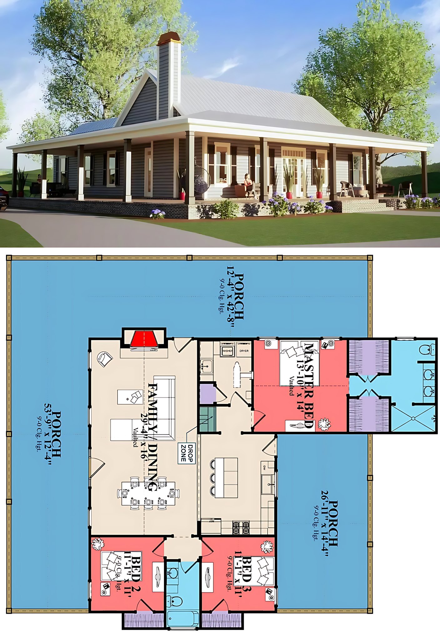 Wego - a one-story house design with a prominent, wraparound porch. It ...