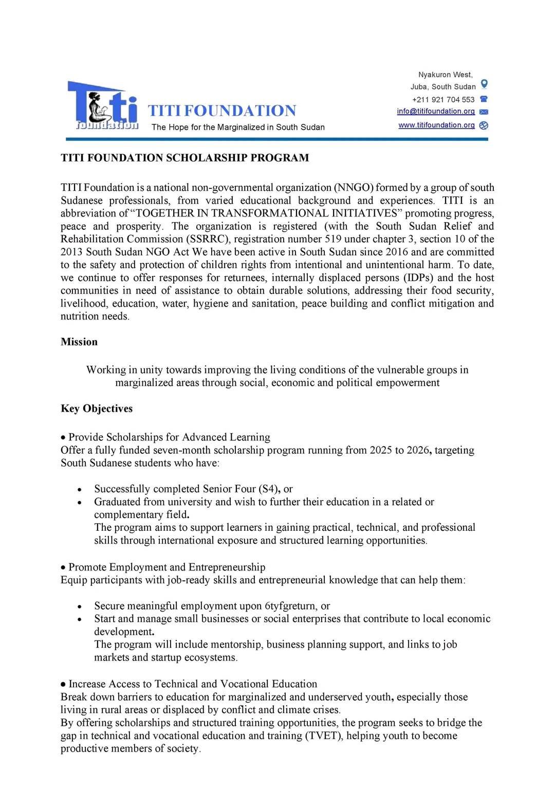 Curated visual reference: Total Joint Titi Foundation Planning Specialist Reference: Titi Foundation Scholarship Program South Sudan Press