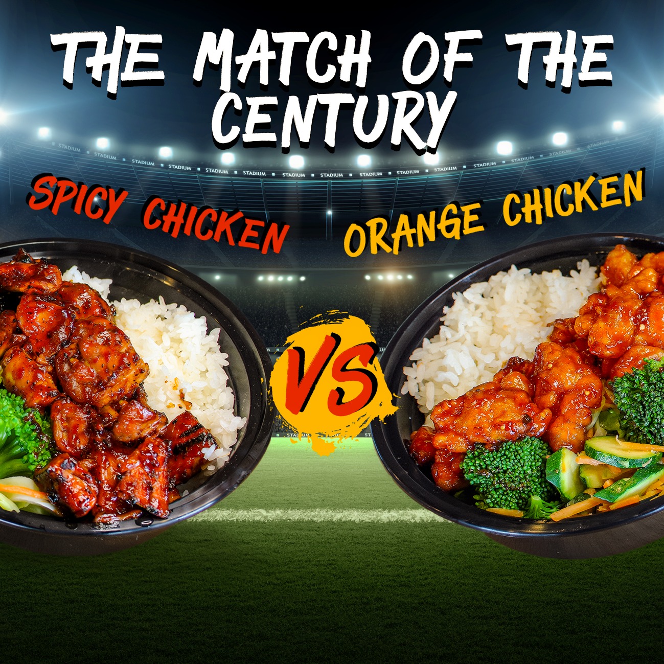 Spicy chicken vs orange chicken for the big game at Teriyaki Madness